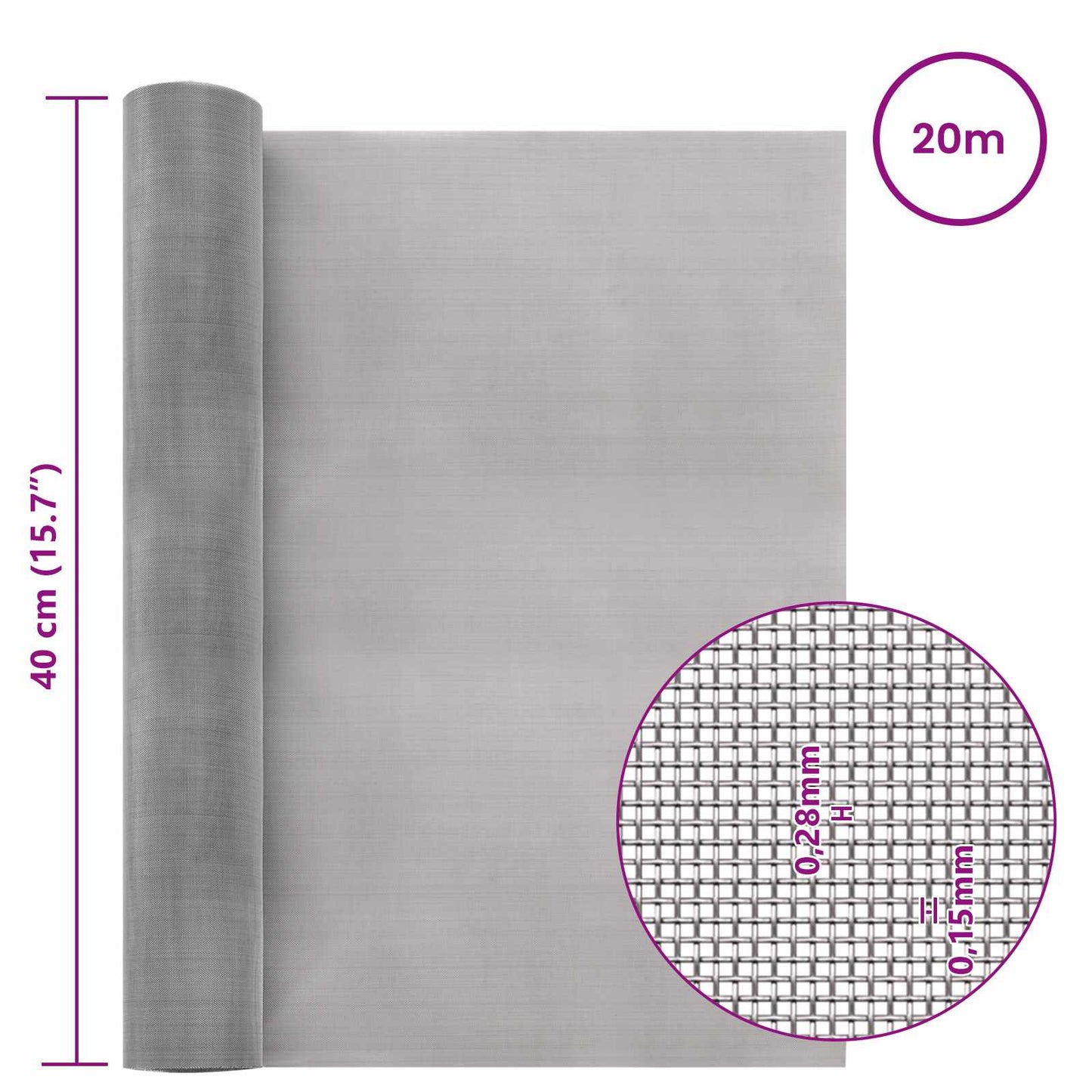 vidaXL Πλέγμα Οθόνης 40 x 2000 εκ 60 Mesh Ανοξείδωτο Ατσάλι 201 Ασημί