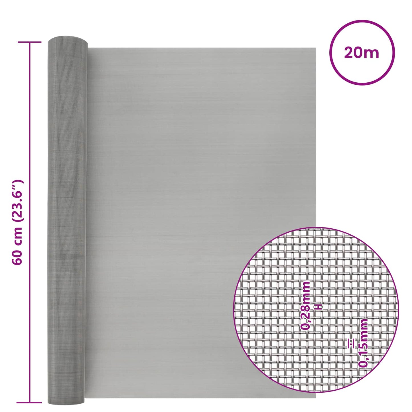 vidaXL Πλέγμα Οθόνης 60 x 2000 cm 60 Mesh Ανοξείδωτο Ατσάλι 201 Ασημί