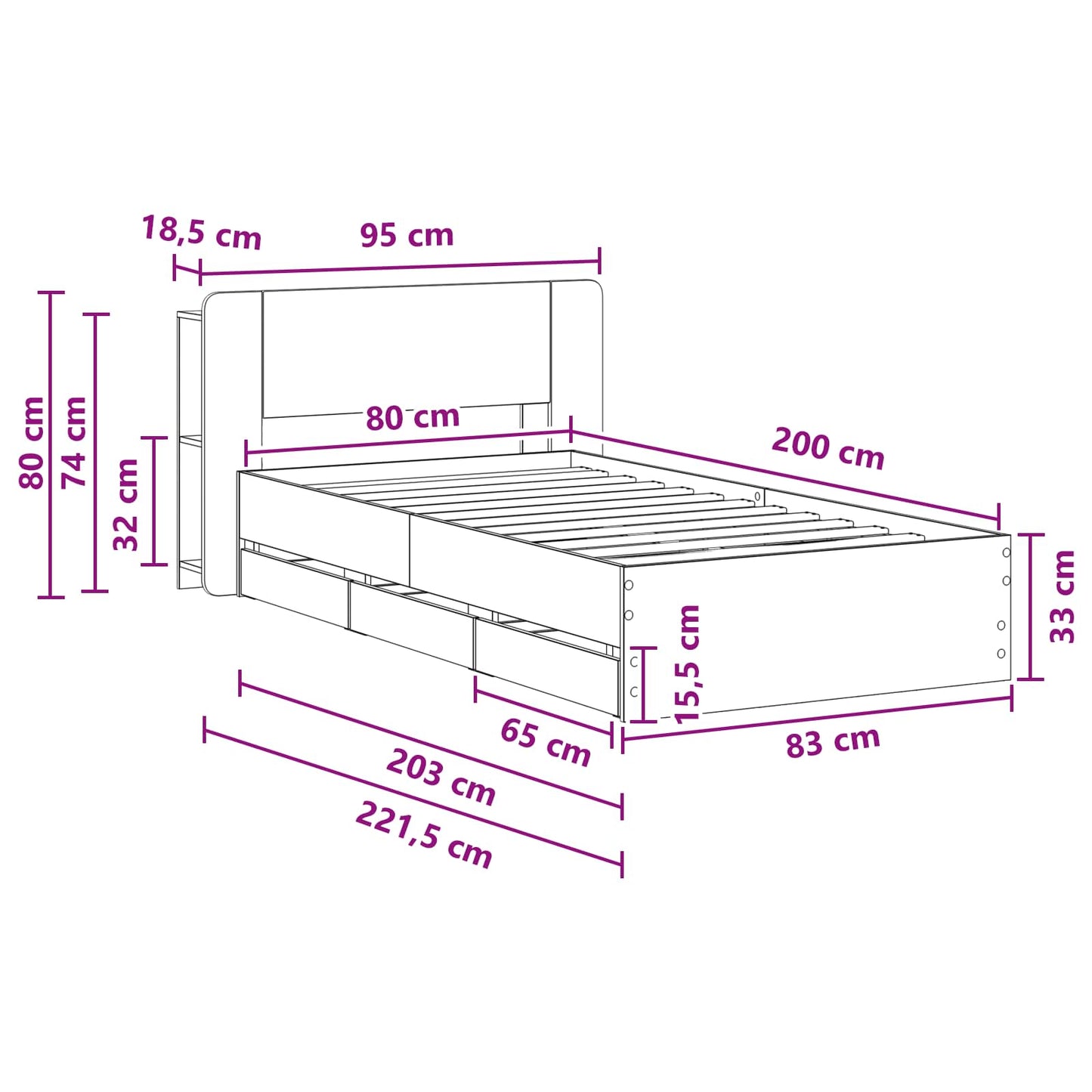 vidaXL Σκελετός κρεβατιού με αποθήκευση Γκρι Sonoma 80 x 200 cm