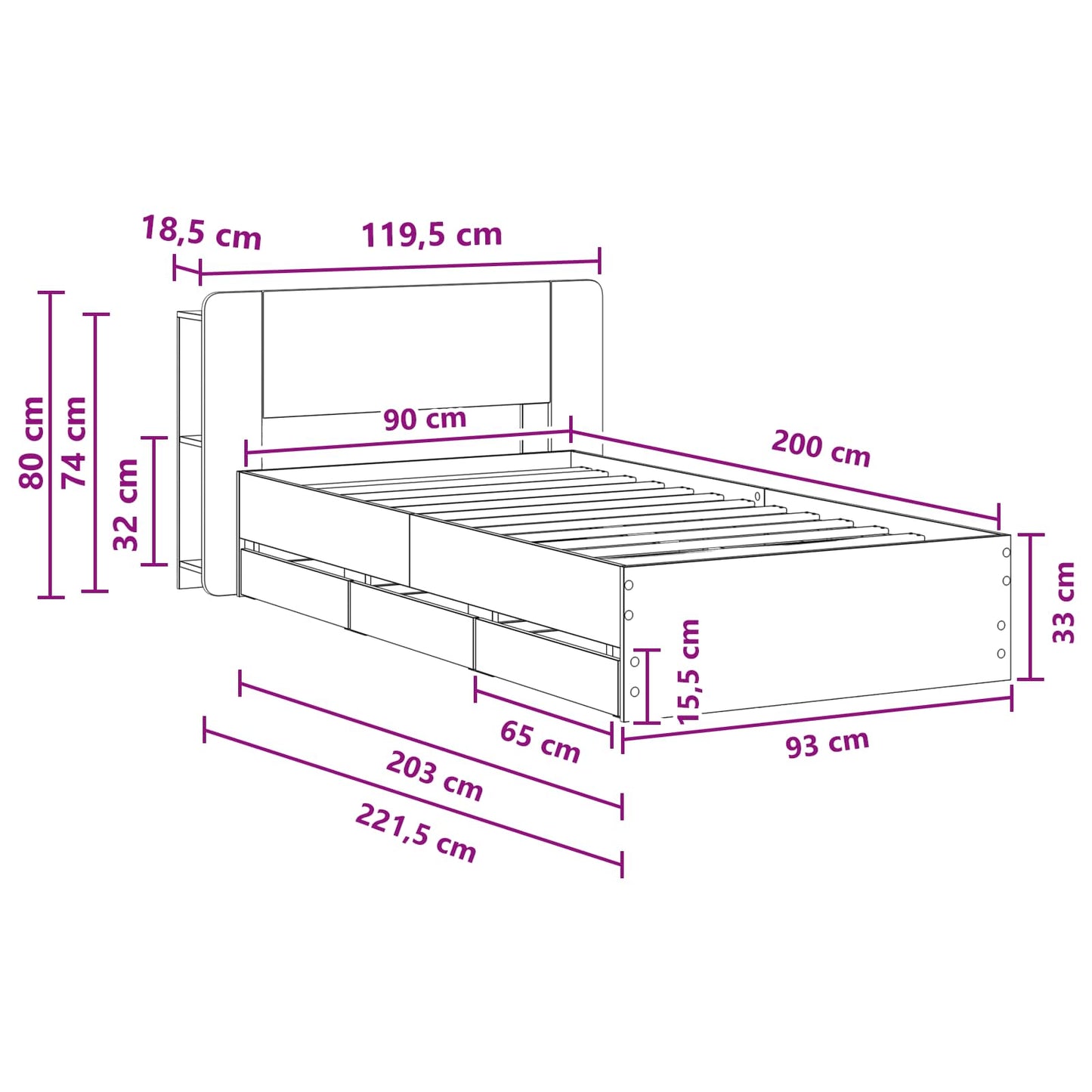 vidaXL Σκελετός κρεβατιού με αποθήκευση Γκρι Sonoma 90 x 200 cm