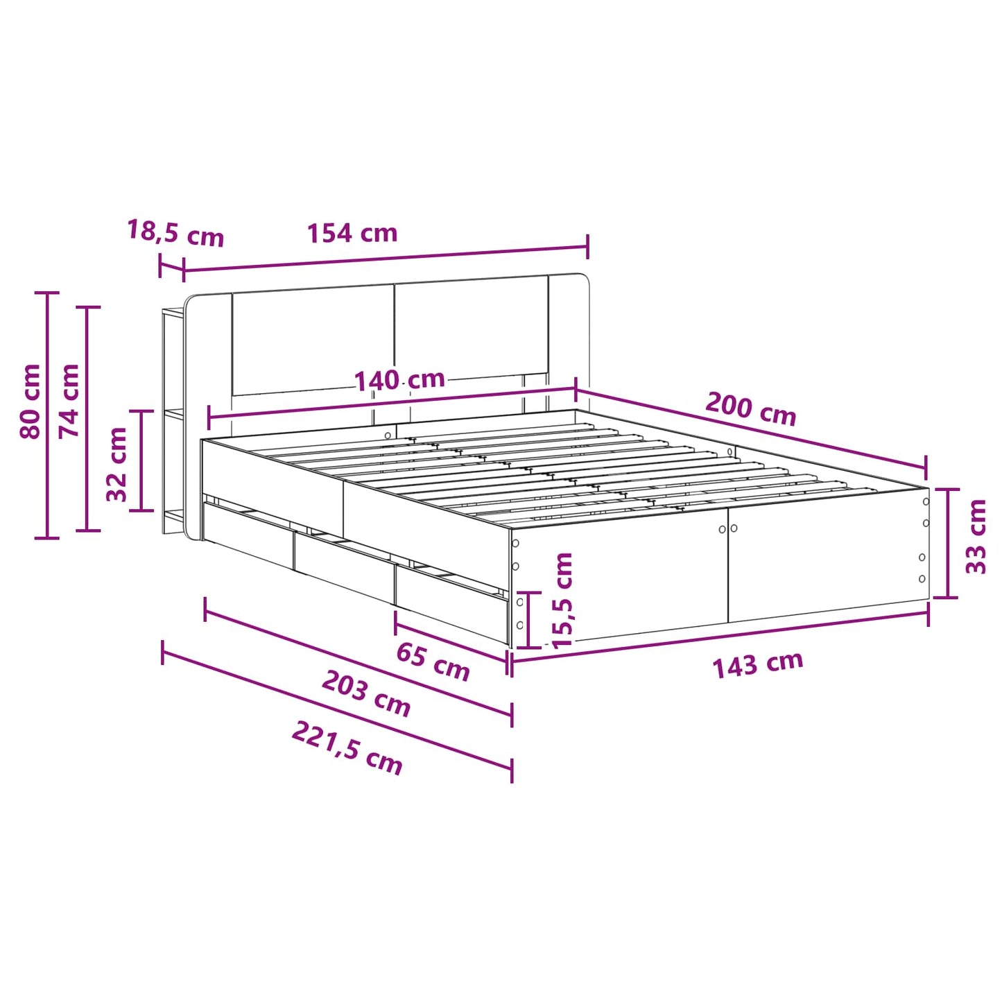 vidaXL Σκελετός κρεβατιού με αποθήκευση Γκρι Sonoma 140 x 200 cm