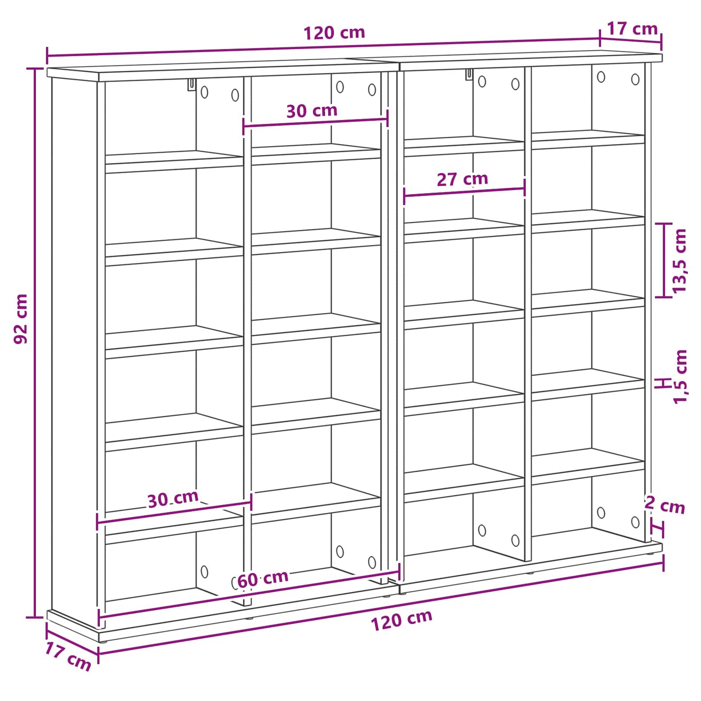 vidaXL Ντουλάπα CD 2 τμχ. Γκρι Sonoma 60 x 17 x 92 εκ.