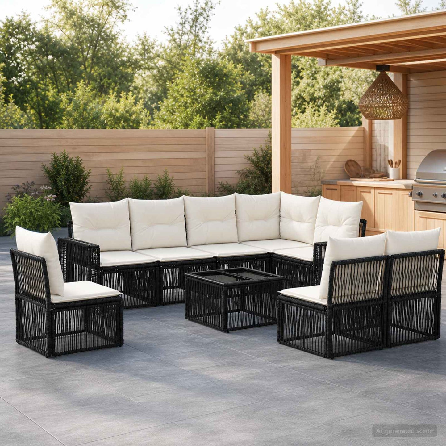 vidaXL Σετ Καναπέ Κήπου 9 τμχ. Μαύρο και Κρεμ Λευκό συνθετικό ρατάν