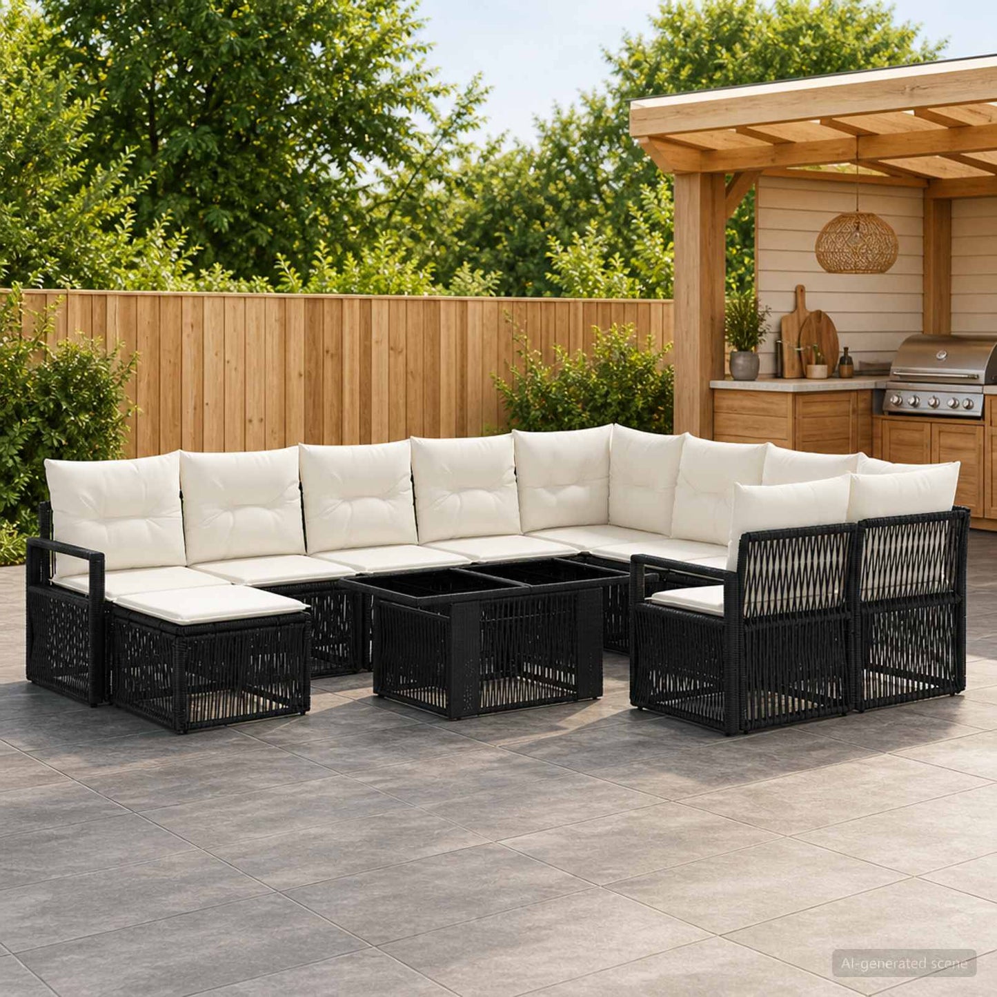 vidaXL Σετ Καναπέ Κήπου 11 τμχ. Μαύρο και Κρεμ Λευκό συνθετικό ρατάν