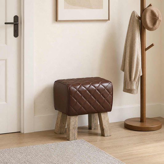 vidaXL παγκάκι 40 x 30 x 45 cm Αληθινό Δέρμα Καφέ με σχέδιο ρόμβου