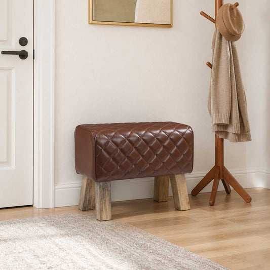 vidaXL παγκάκι 60 x 30 x 45 cm Αληθινό Δέρμα Καφέ με σχέδιο ρόμβου