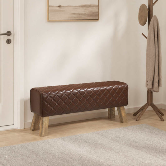 vidaXL παγκάκι 110 x 30 x 45 εκ. Αληθινό Δέρμα Καφέ με σχέδιο ρόμβου