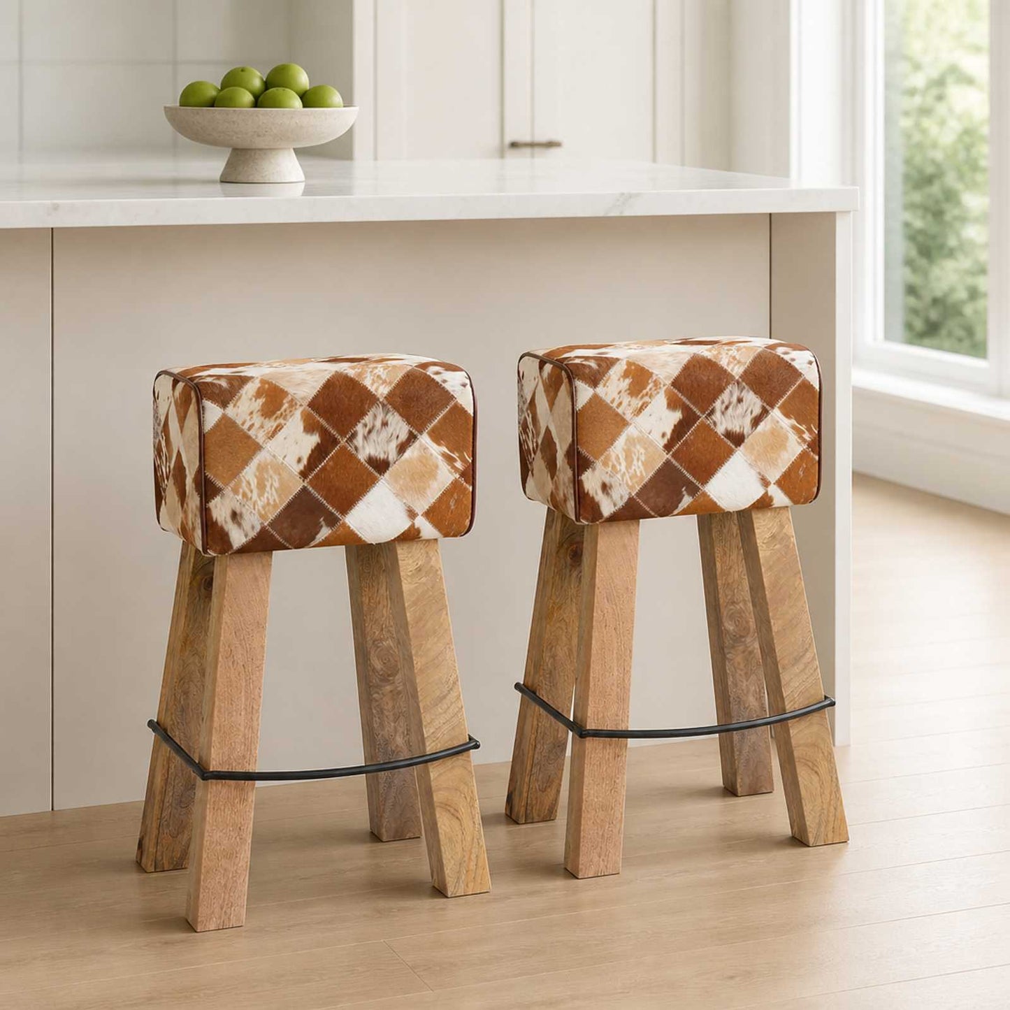 vidaXL Μπαρ σκαμπό 2 τμχ. Καφέ Patchwork 44 x 33 x 74 cm Αληθινό Δέρμα