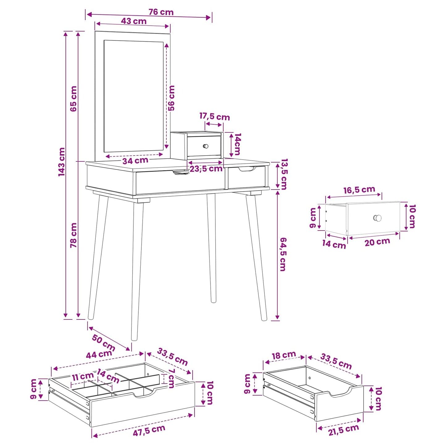 vidaXL Σετ Τραπεζιού Μακιγιάζ FAUSKE 3 pcs Λευκό 76 x 50 x 143 εκ.