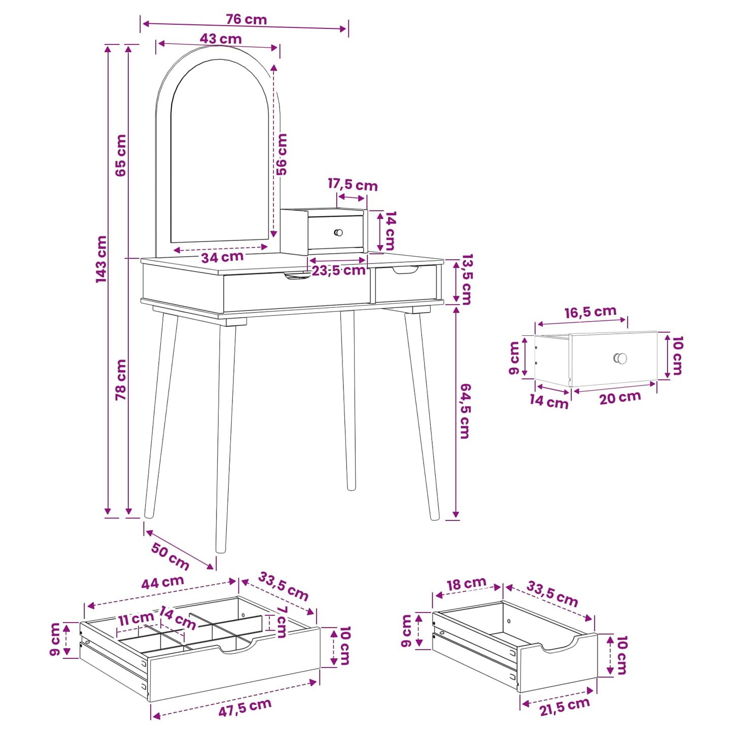 vidaXL Σετ Τραπεζιού Μακιγιάζ FAUSKE 3 pcs Λευκό 76 x 50 x 143 εκ