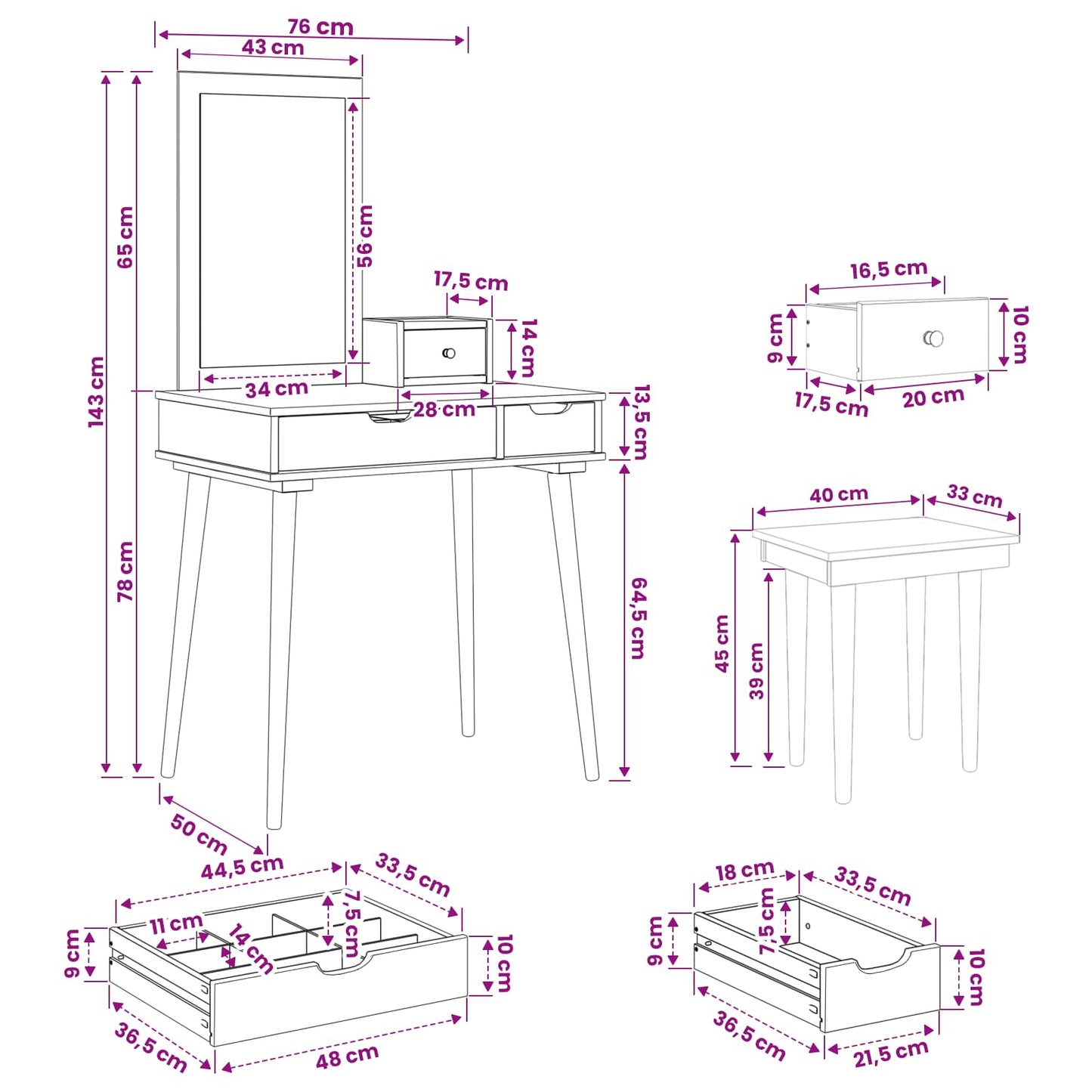 vidaXL Σετ Τραπεζιού Μακιγιάζ FAUSKE 4 pcs Λευκό 76 x 50 x 143 εκ
