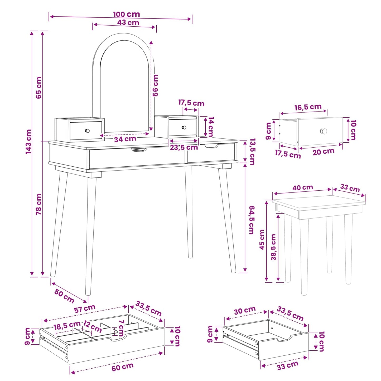 vidaXL Σετ Τραπεζιού Μακιγιάζ FAUSKE 5 pcs Λευκό 100 x 50 x 143 εκ