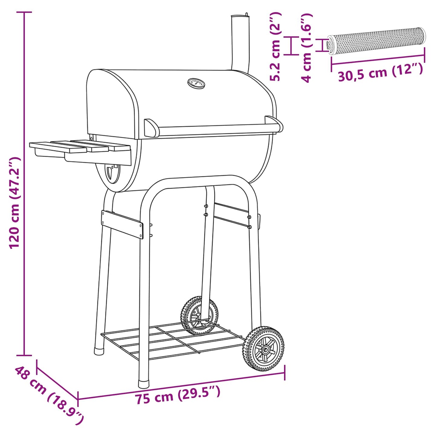 vidaXL Γκριλ κάρβουνου 75 x 48 x 120 εκ. Ασημί
