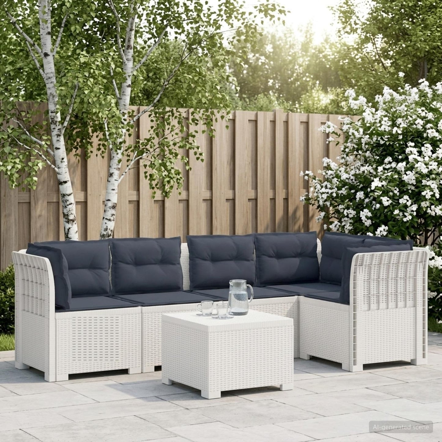 vidaXL Σαφά Κήπου 5 Θέσεων με Μαξιλάρια Ράιταν PP Λευκό
