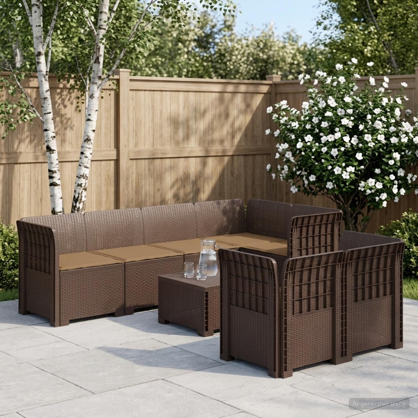 vidaXL Καναπές Κήπου 7 Θέσεων με Μαξιλάρια Μοτίβο Ράτταν PP Καφέ