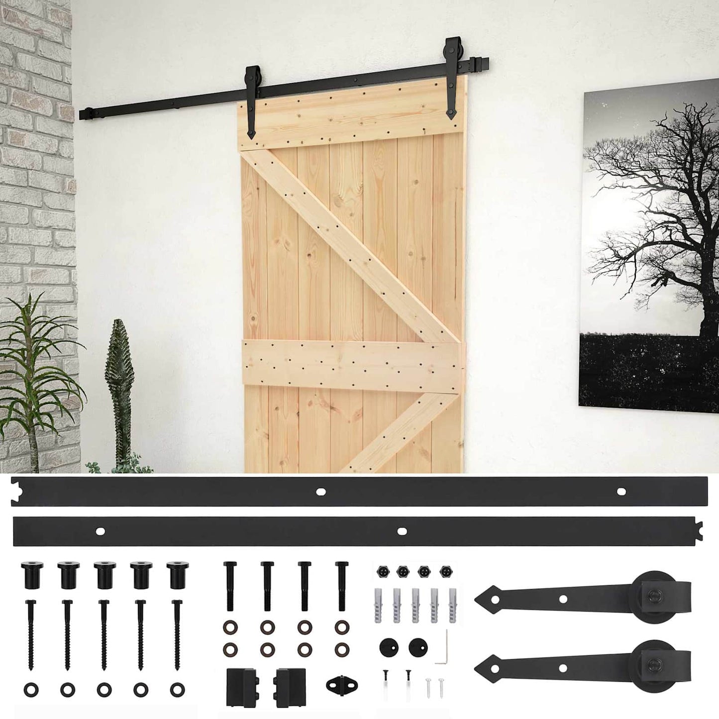 vidaXL Συρόμενη Πόρτα 90 x 210 cm Μασίφ Ξύλο Πεύκου Φυσικό και Μαύρο
