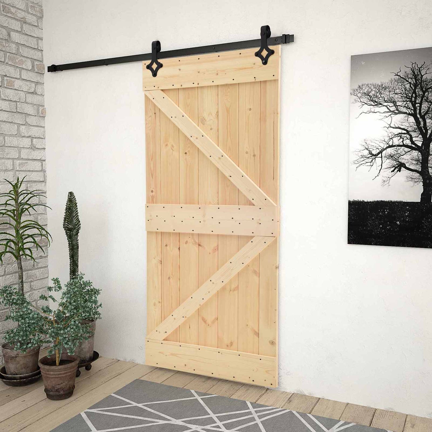 vidaXL Συρόμενη Πόρτα 90 x 210 cm Μασίφ Ξύλο Πεύκου Φυσικό και Μαύρο