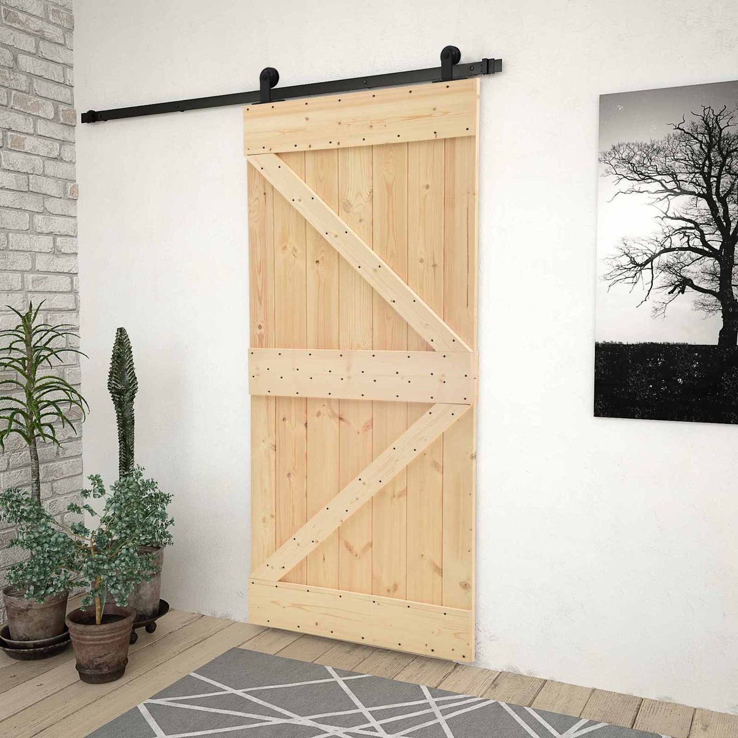 vidaXL Συρόμενη Πόρτα 90 x 210 cm Μασίφ Ξύλο Πεύκου Φυσικό και Μαύρο