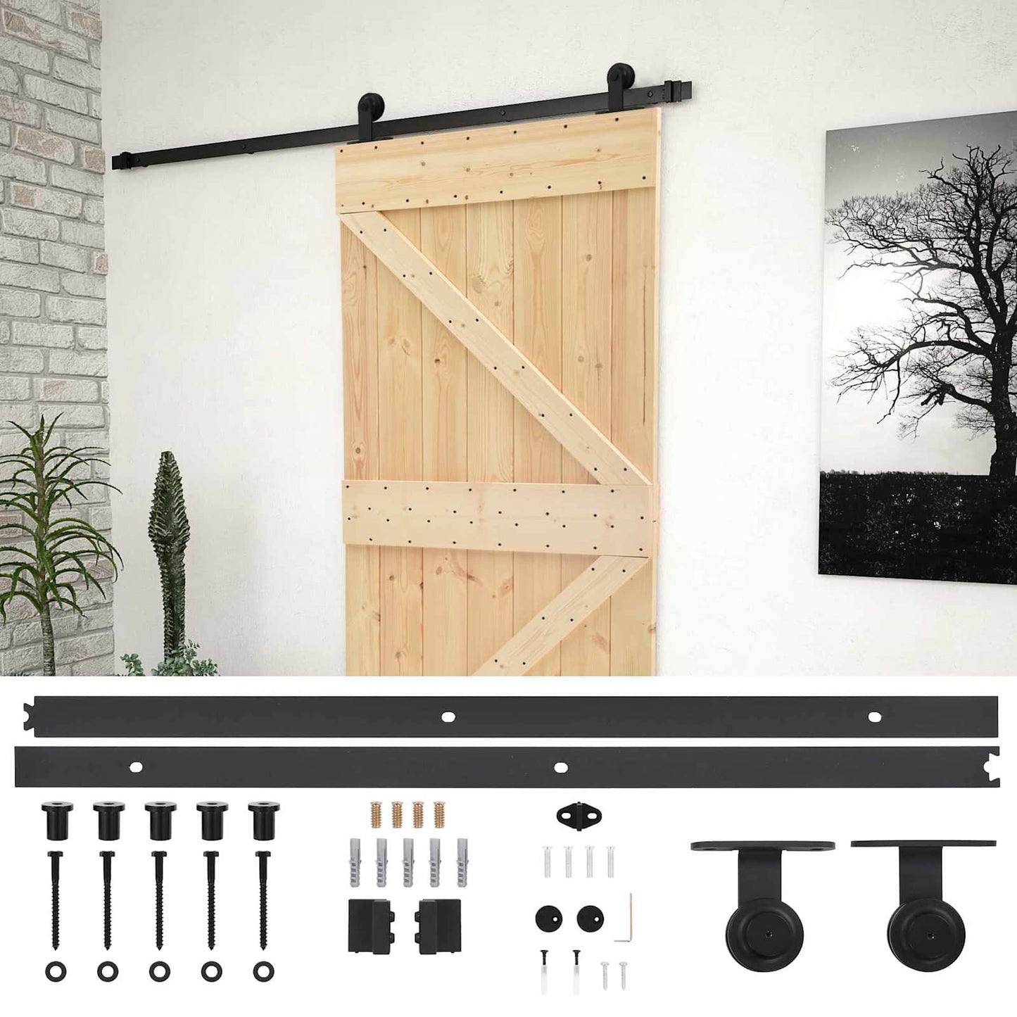 vidaXL Συρόμενη Πόρτα 90 x 210 cm Μασίφ Ξύλο Πεύκου Φυσικό και Μαύρο