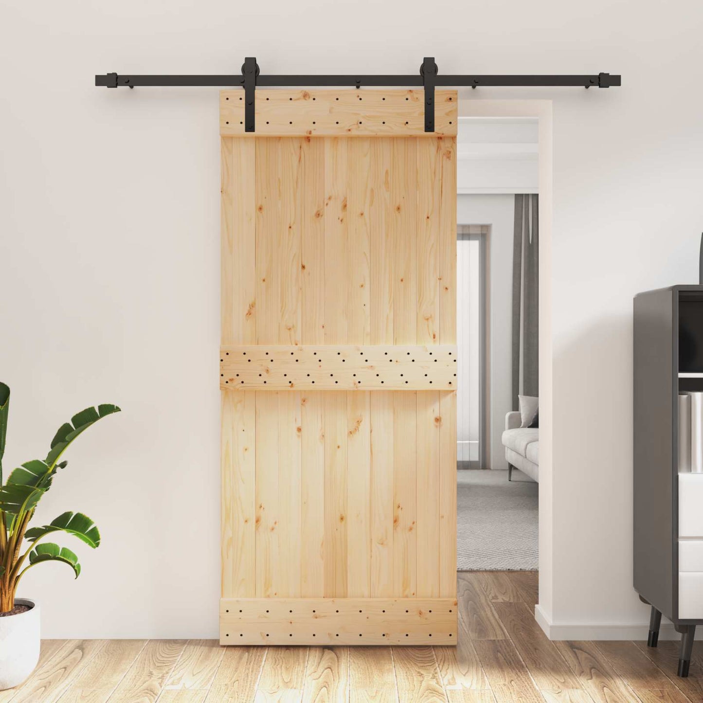vidaXL Συρόμενη Πόρτα 90 x 210 cm Συμπαγές Ξύλο Πεύκου (Ακατέργαστο)