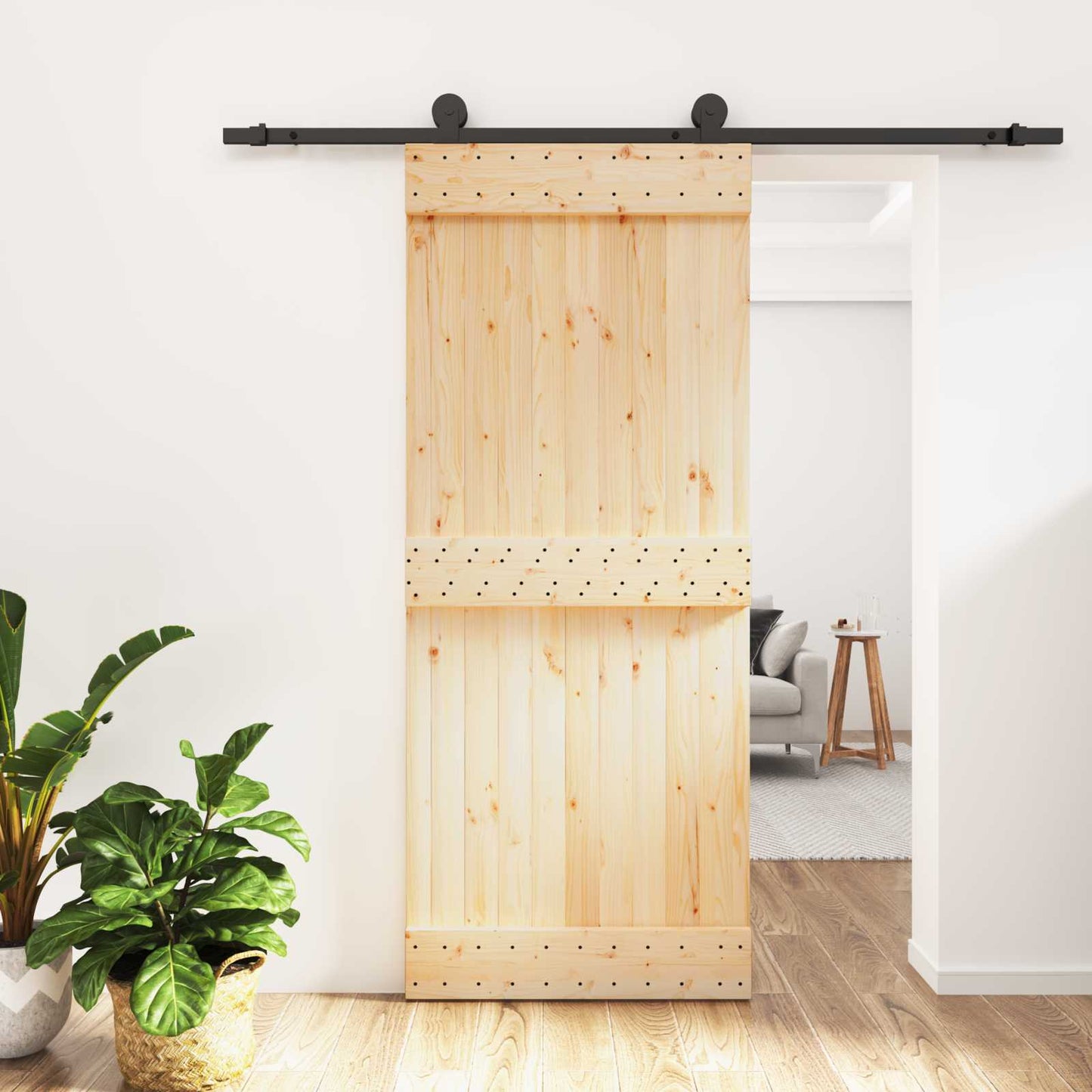 vidaXL Συρόμενη Πόρτα 85 x 210 cm Συμπαγές Ξύλο Πεύκου (Ακατέργαστο)