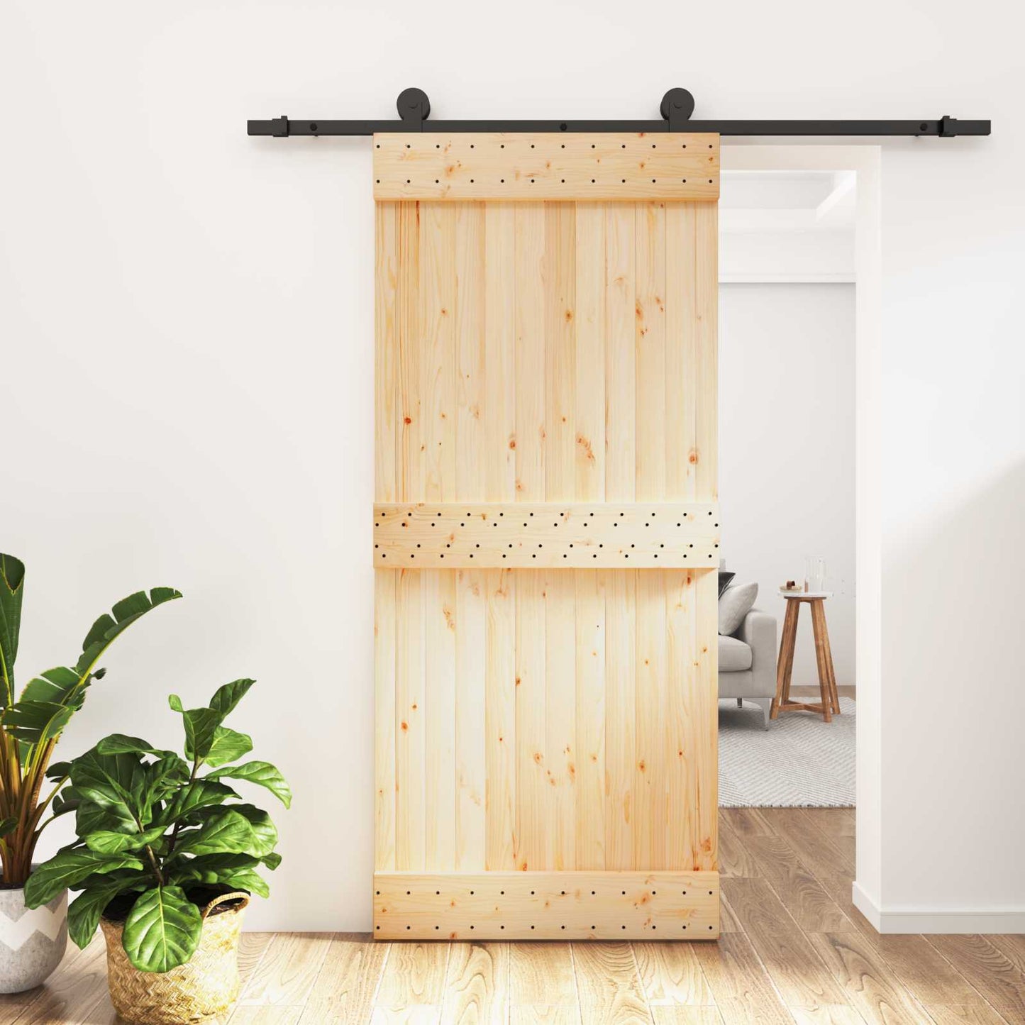vidaXL Συρόμενη Πόρτα 90 x 210 cm Συμπαγές Ξύλο Πεύκου (Ακατέργαστο)