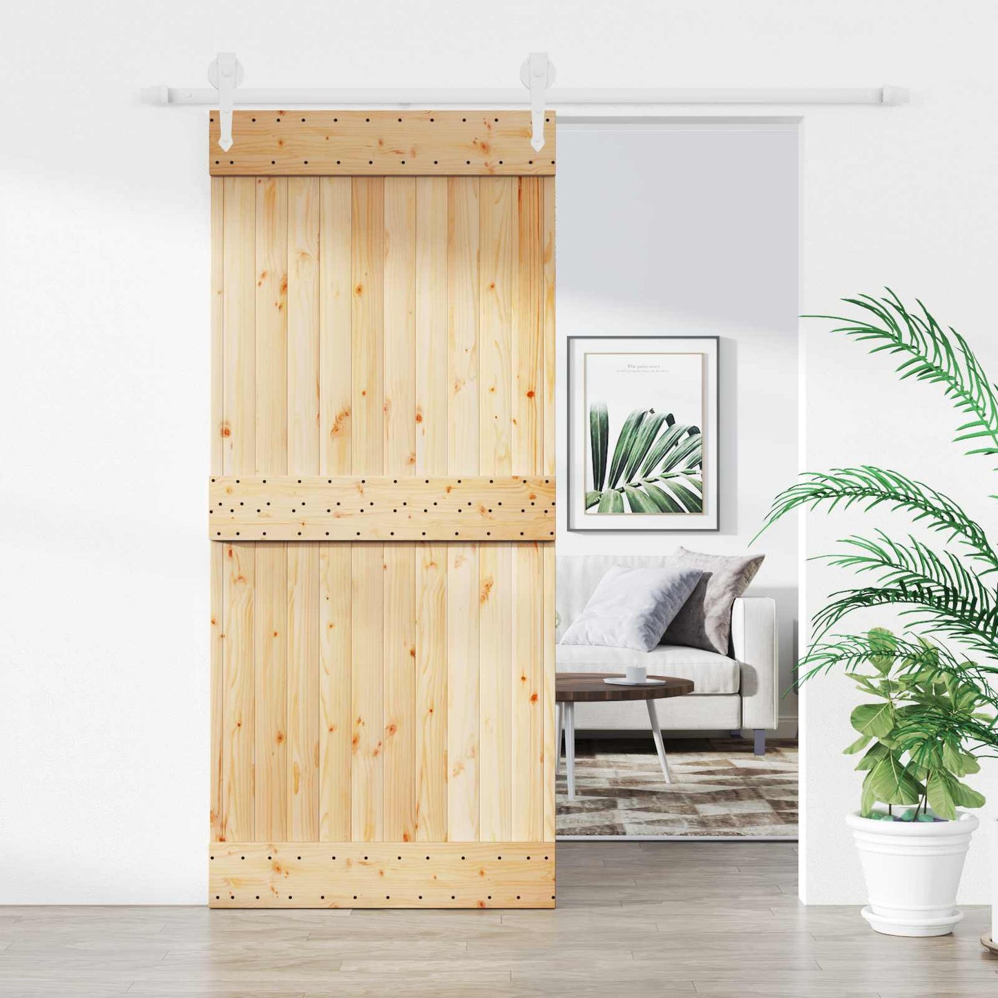 vidaXL Συρόμενη Πόρτα 90 x 210 cm Συμπαγές Ξύλο Πεύκου (Ακατέργαστο)