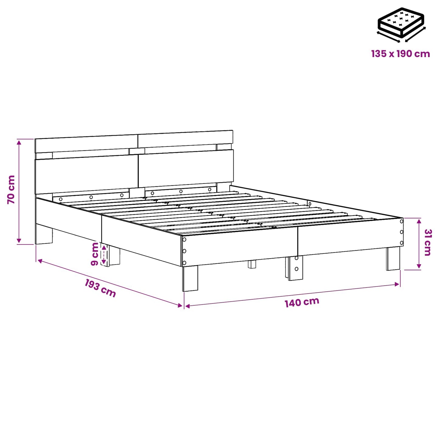 vidaXL Σκελετός Κρεβατιού Μαύρη Δρυς 135 x 190 cm Επεξεργασμένο ξύλο