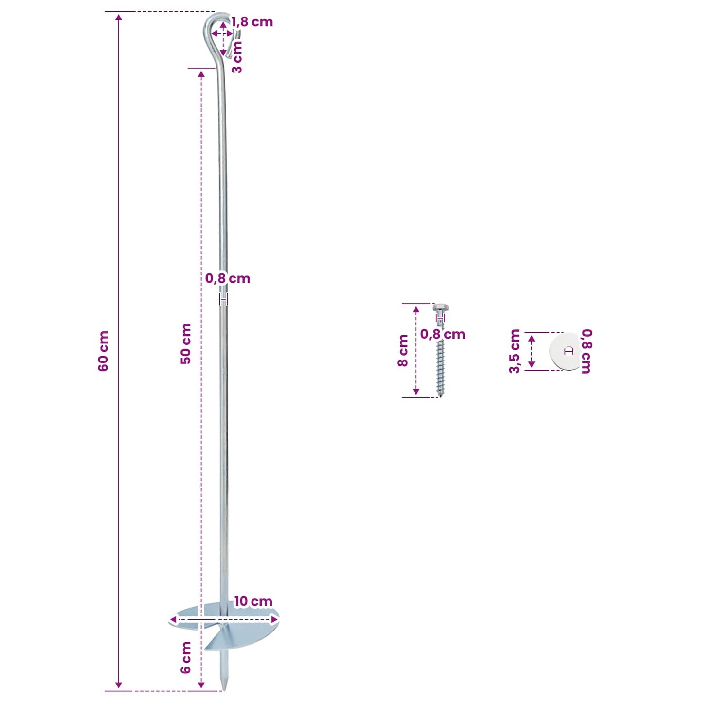 vidaXL Γείωση 2 pcs Ασημί Ø10 x 60 εκ Γαλβανισμένο Μέταλλο