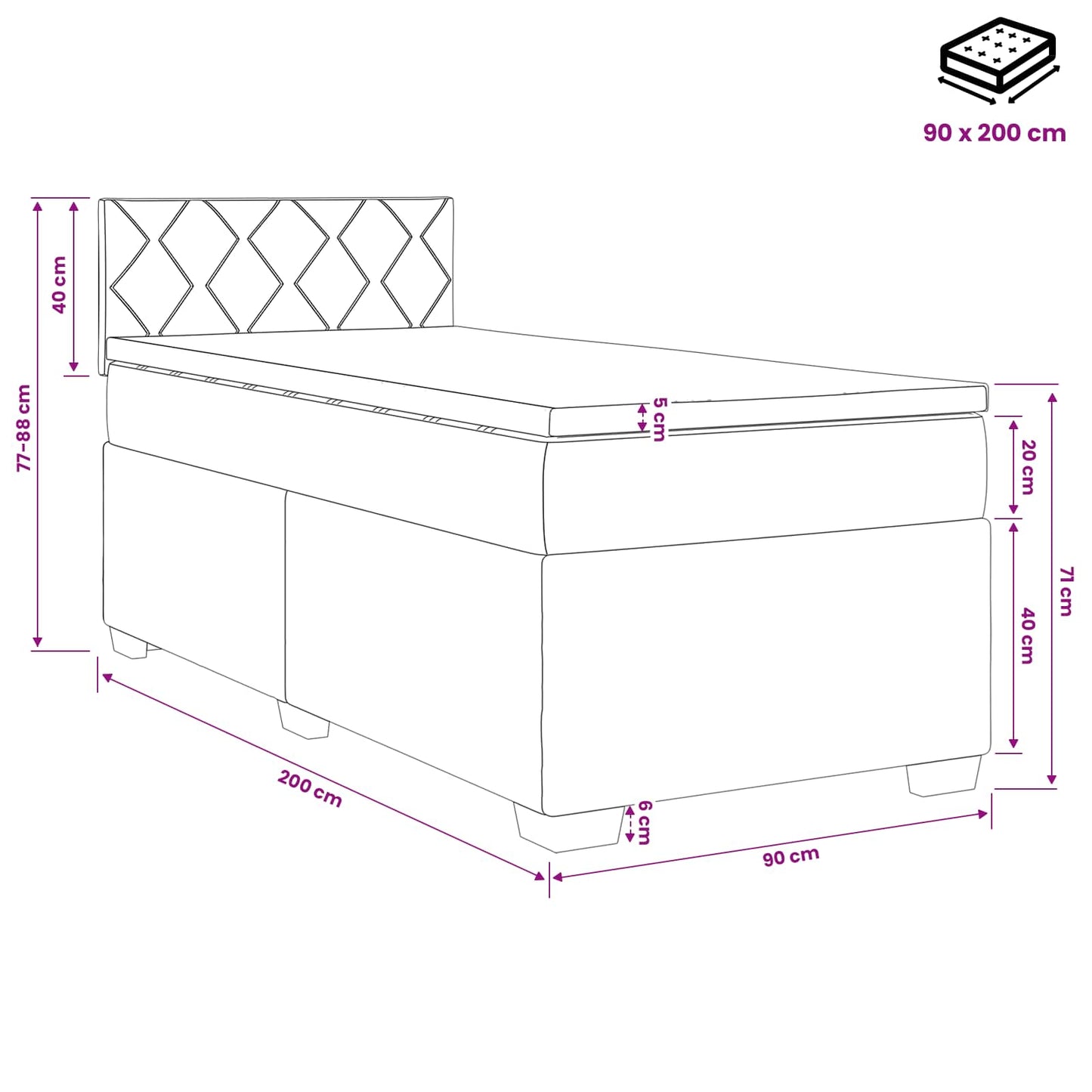 vidaXL Κρεβάτι box spring με στρώμα Μαύρο 90 x 200 cm Ύφασμα