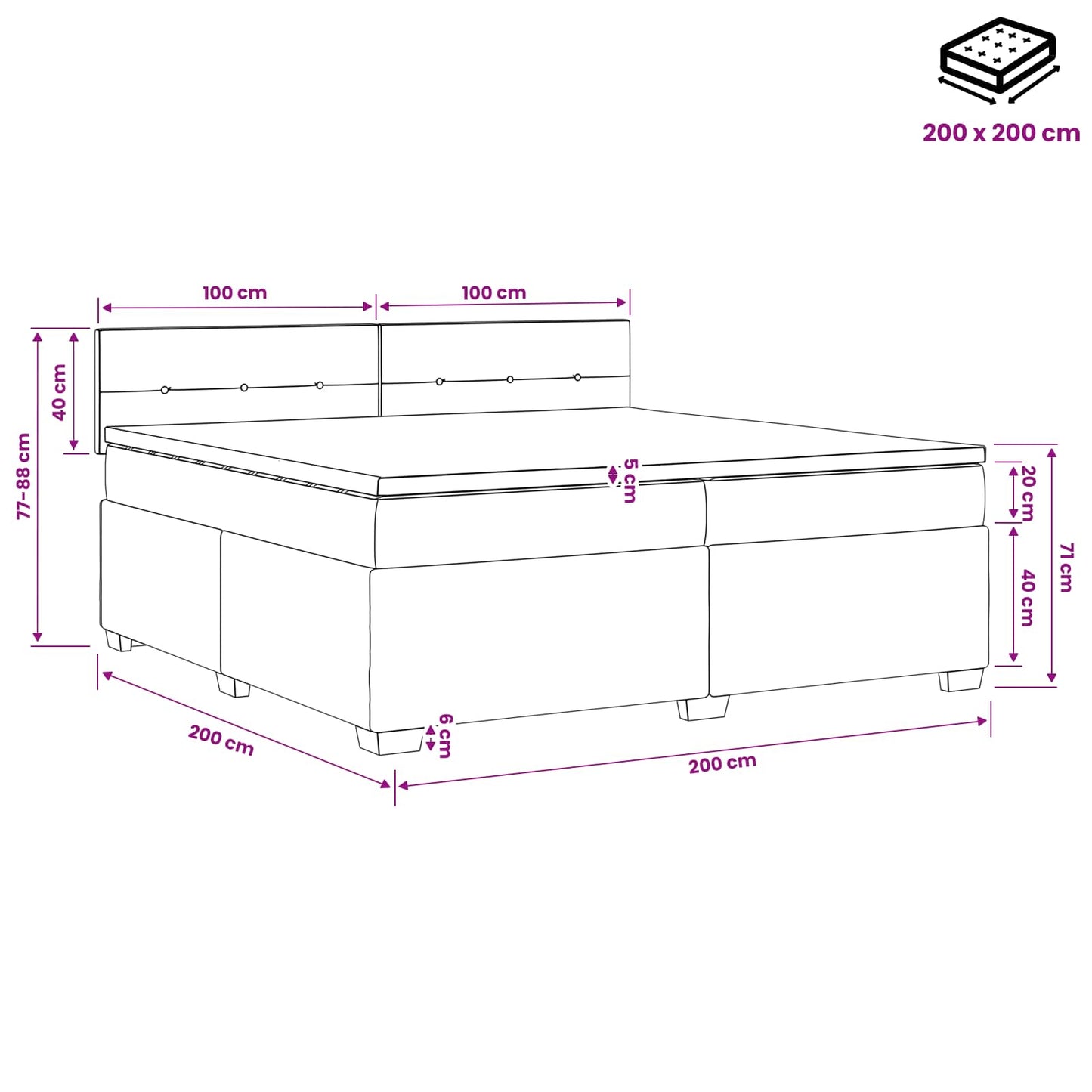 vidaXL Κρεβάτι box spring με στρώμα Μαύρο 200 x 200 cm Ύφασμα