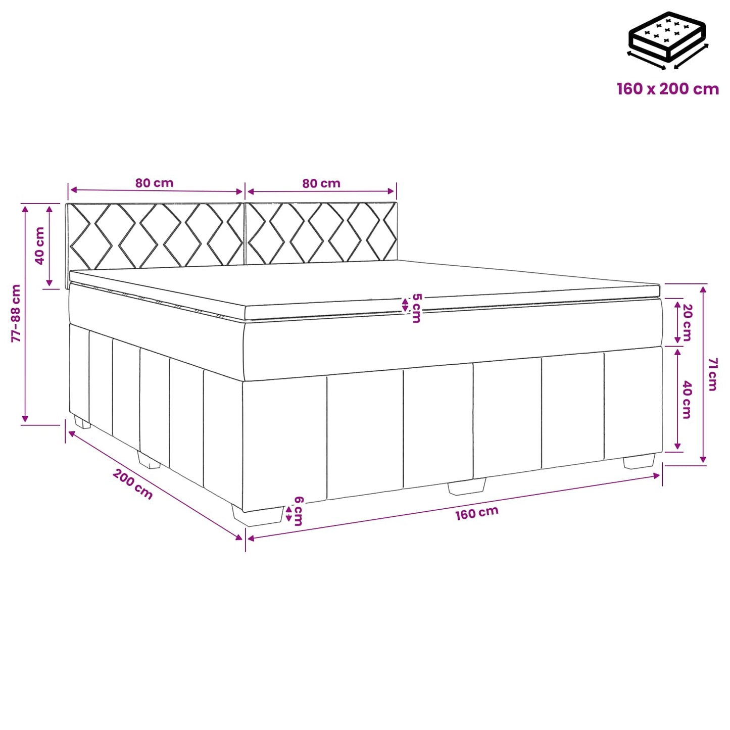 vidaXL Κρεβάτι box spring με στρώμα Μαύρο 160 x 200 cm Ύφασμα