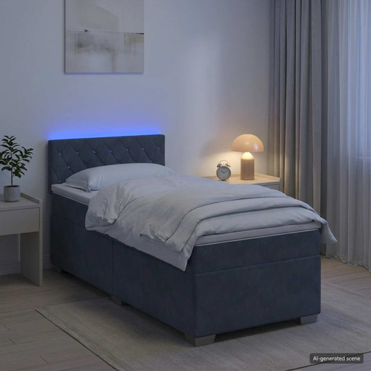 vidaXL Κρεβάτι Box Spring με Στρώμα και LED Σκούρο Γκρι Μονό Βελούδο
