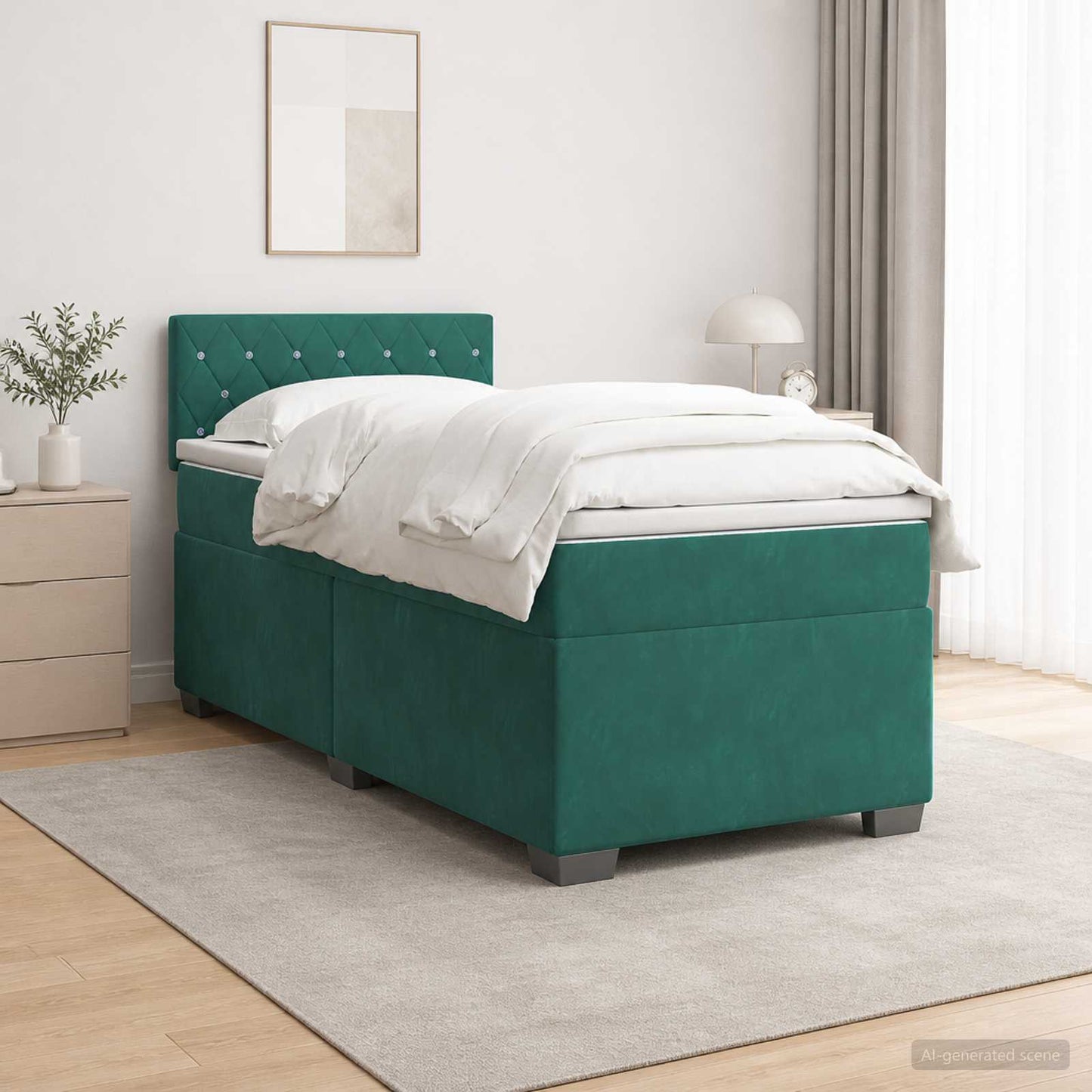 vidaXL Κρεβάτι Box Spring με Στρώμα και LED Σκούρο Πράσινο 90 x 200 cm