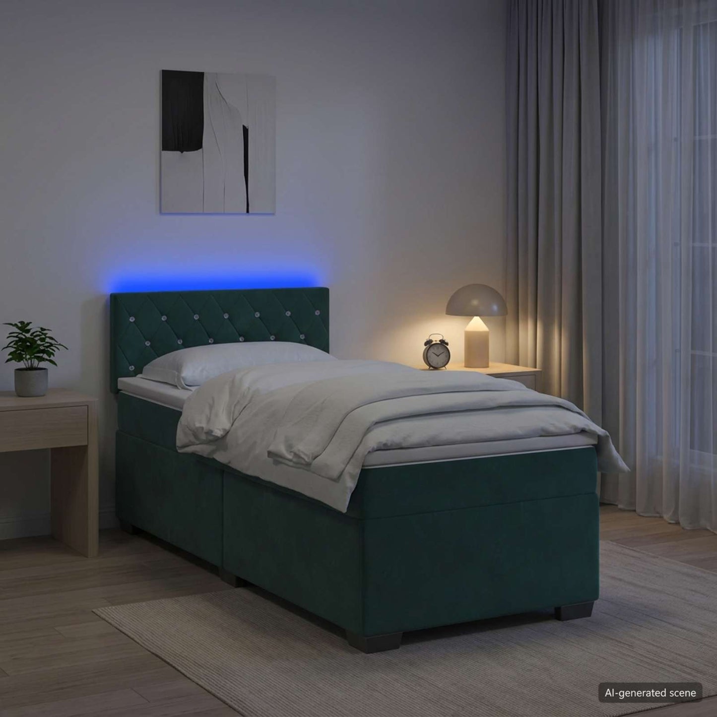 vidaXL Κρεβάτι Box Spring με Στρώμα και LED Σκούρο Πράσινο 90 x 200 cm