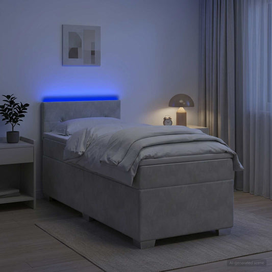 vidaXL Κρεβάτι Box Spring με Στρώμα και LED Ανοιχτό γκρι Μονό Βελούδο
