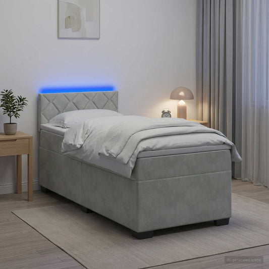 vidaXL Κρεβάτι Box Spring με Στρώμα και LED Ανοιχτό γκρι Μονό Βελούδο