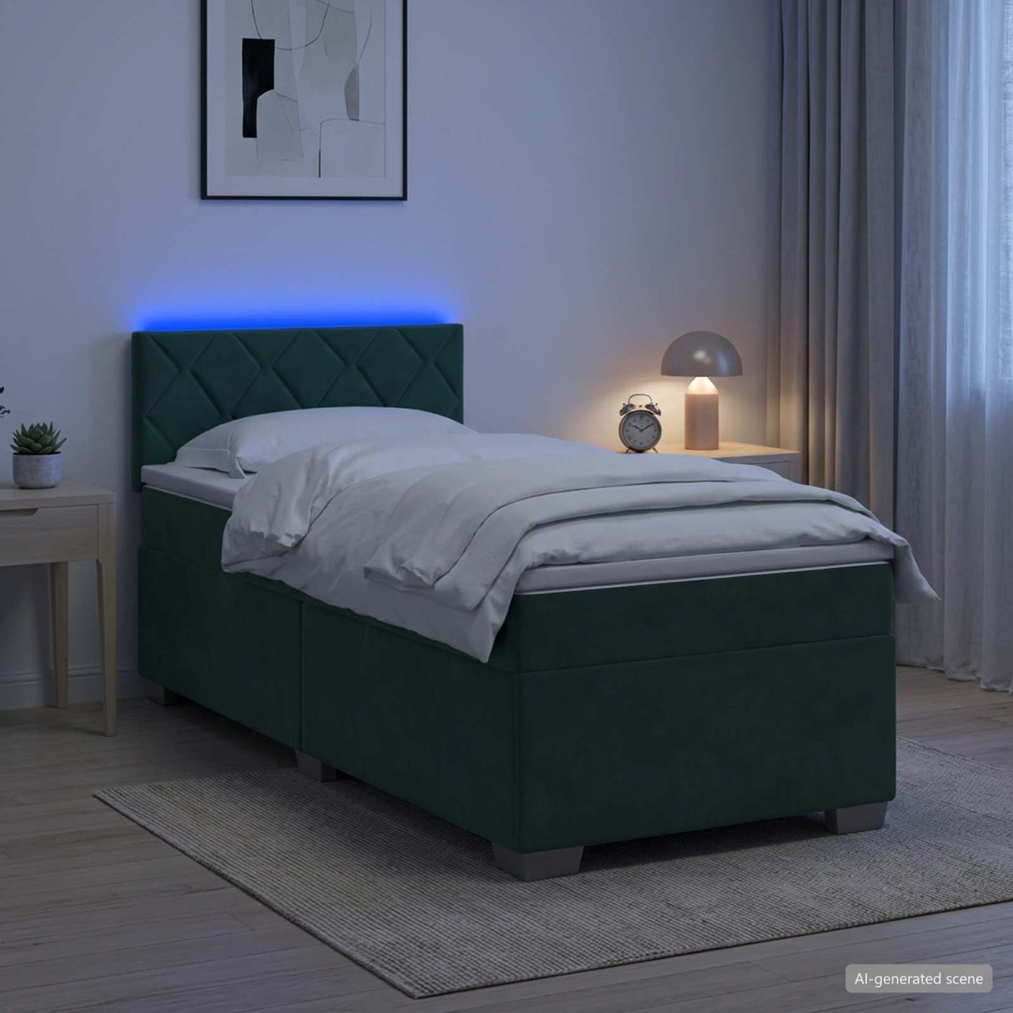 vidaXL Κρεβάτι Box Spring με Στρώμα και LED Σκούρο Πράσινο 90 x 200 cm