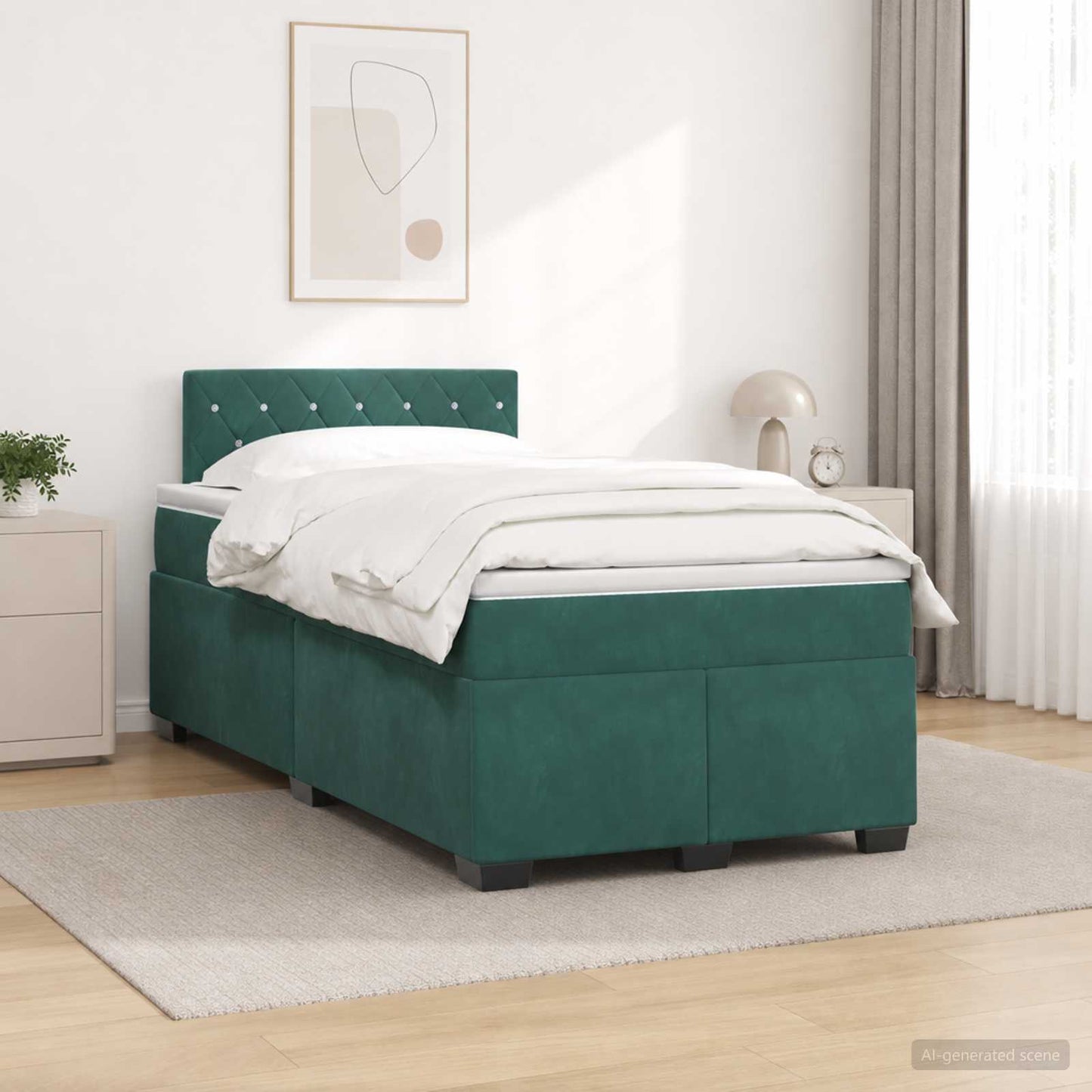 vidaXL Κρεβάτι Box Spring με Στρώμα και LED Σκούρο Πράσινο Βελούδο