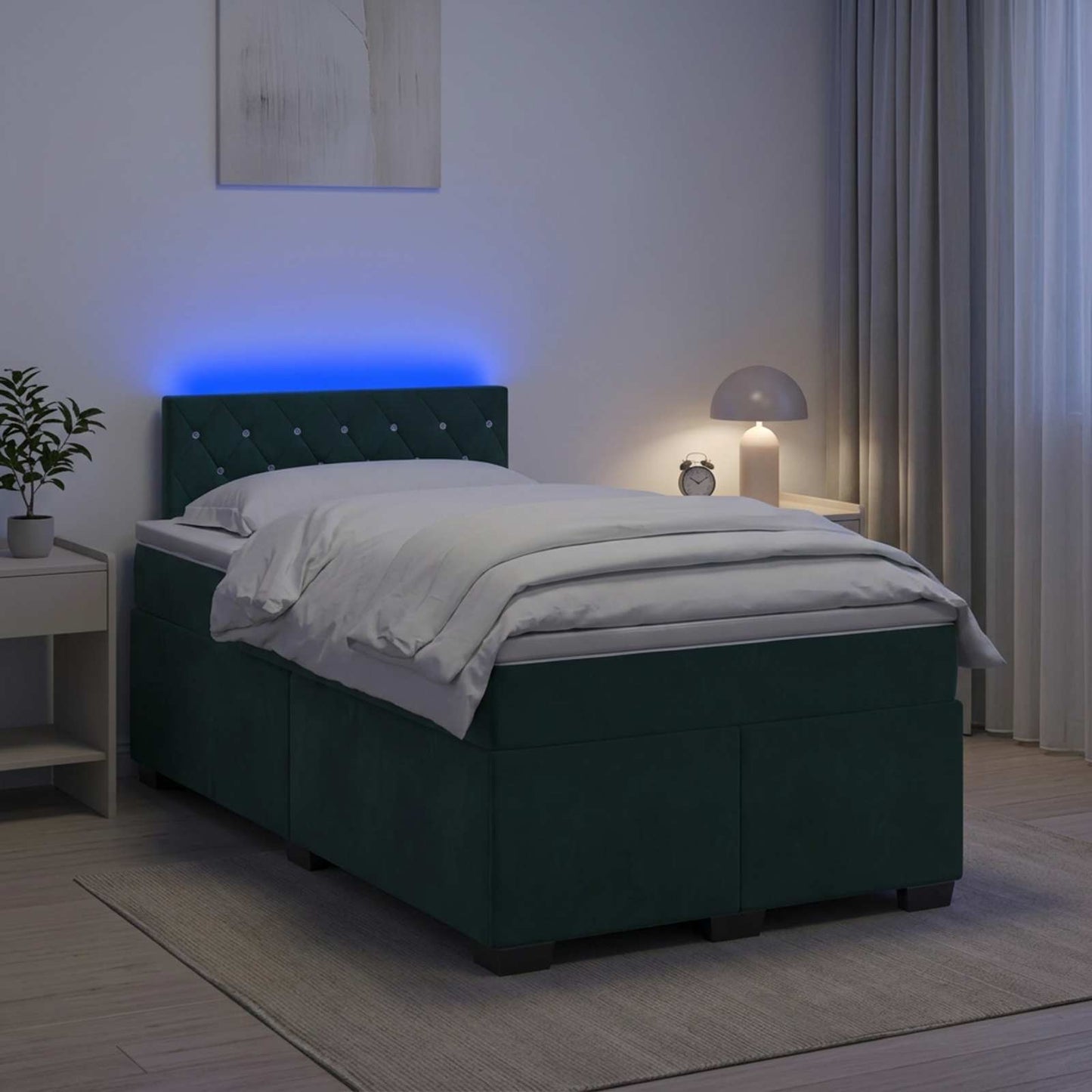 vidaXL Κρεβάτι Box Spring με Στρώμα και LED Σκούρο Πράσινο Βελούδο