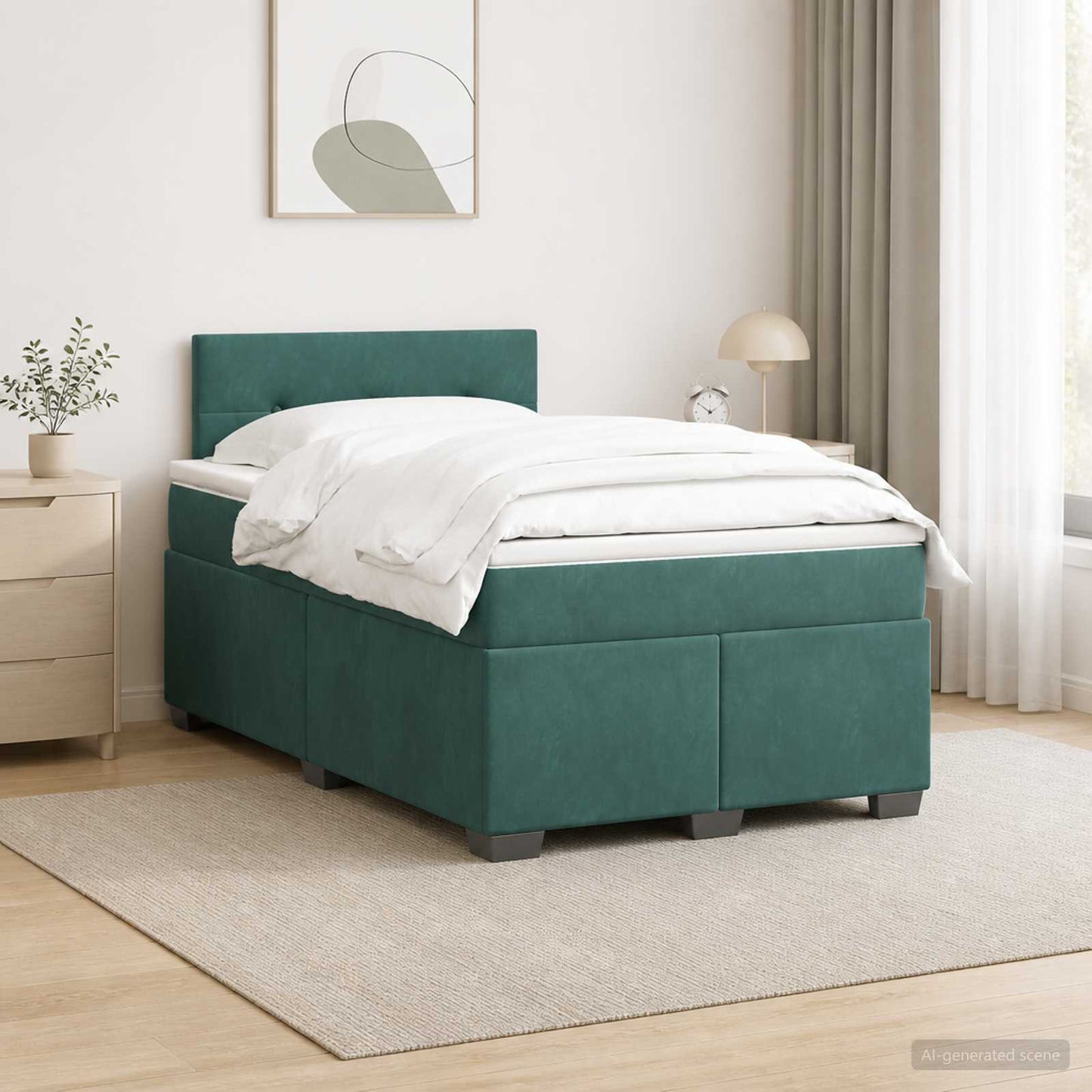 vidaXL Κρεβάτι Box Spring με Στρώμα και LED Σκούρο Πράσινο Βελούδο