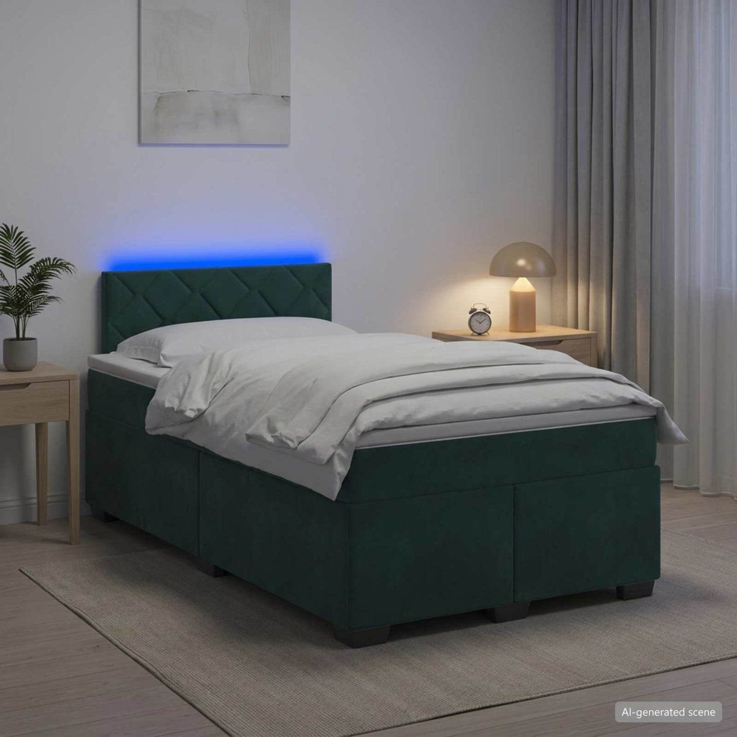 vidaXL Κρεβάτι Box Spring με Στρώμα και LED Σκούρο Πράσινο Βελούδο