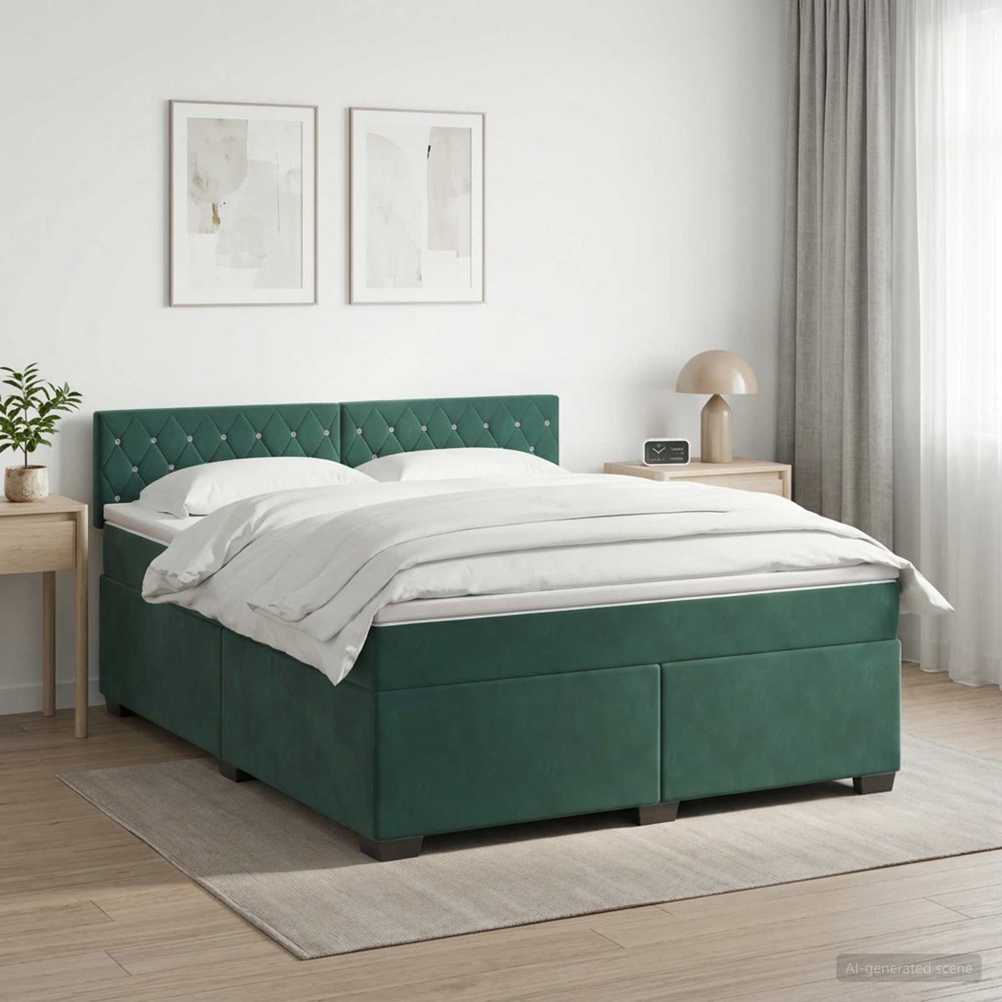 vidaXL Κρεβάτι Box Spring με Στρώμα και LED Σκούρο Πράσινο Βελούδο
