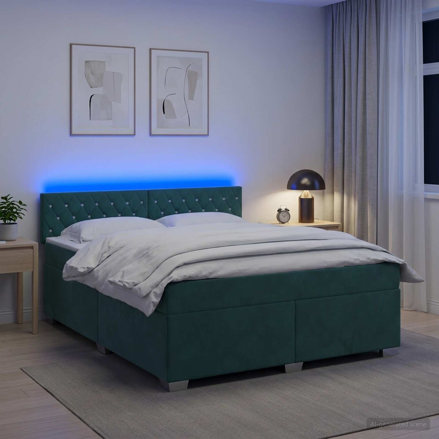 vidaXL Κρεβάτι Box Spring με Στρώμα και LED Σκούρο Πράσινο Βελούδο
