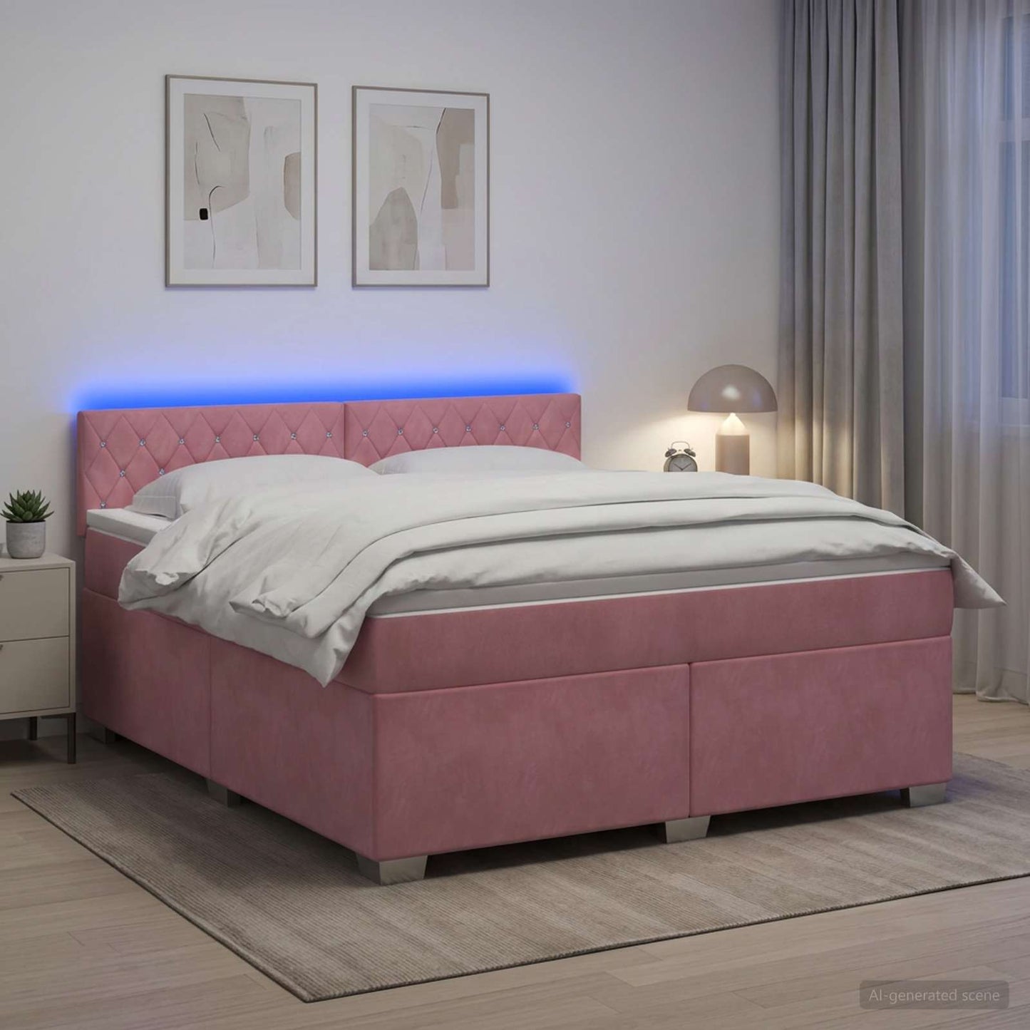 vidaXL Κρεβάτι Box Spring με Στρώμα και LED Ροζ 160 x 200 cm Βελούδο