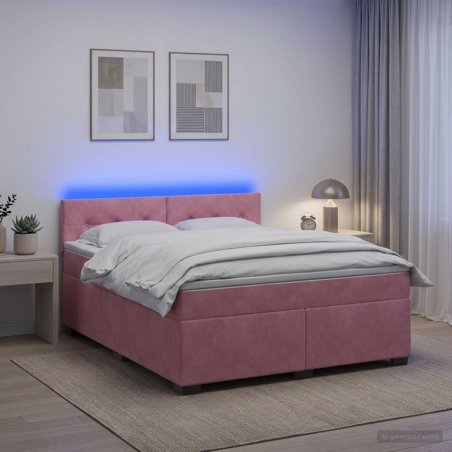 vidaXL Κρεβάτι Box Spring με Στρώμα και LED Ροζ 140 x 200 cm Βελούδο