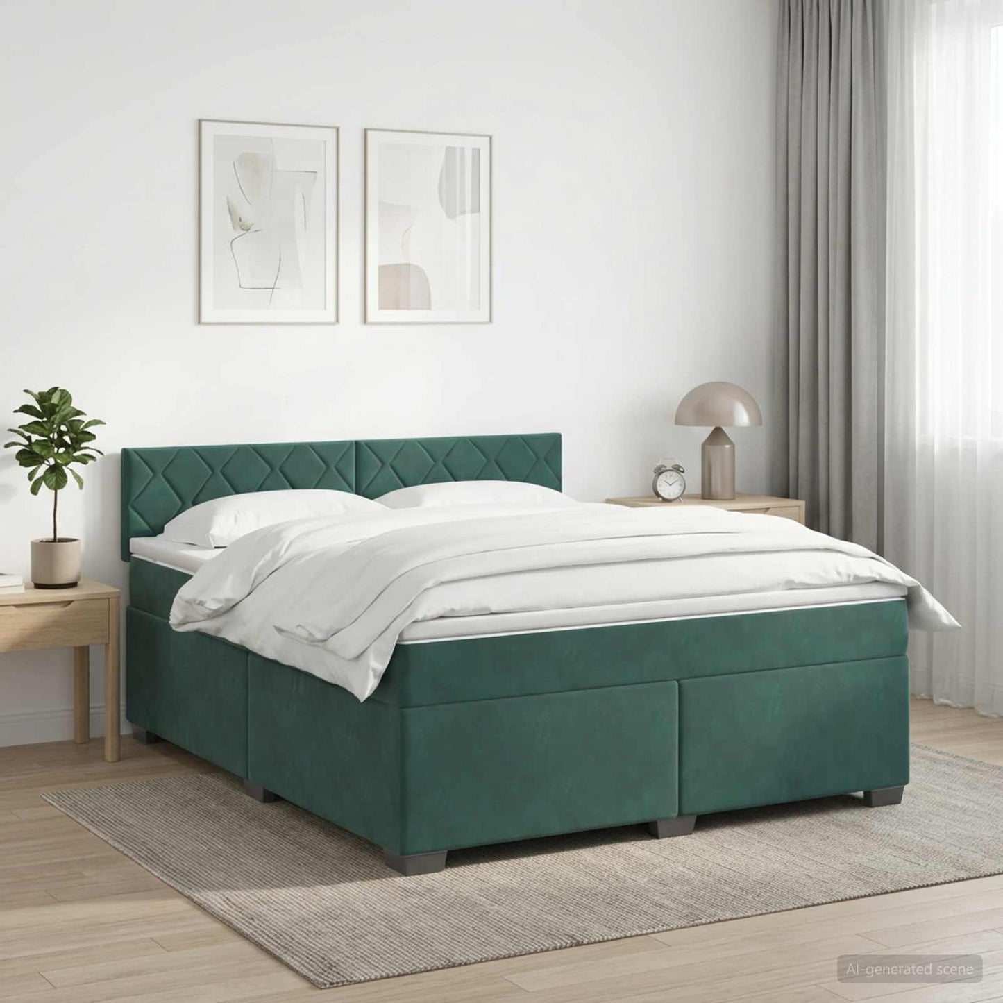 vidaXL Κρεβάτι Box Spring με Στρώμα και LED Σκούρο Πράσινο Βελούδο