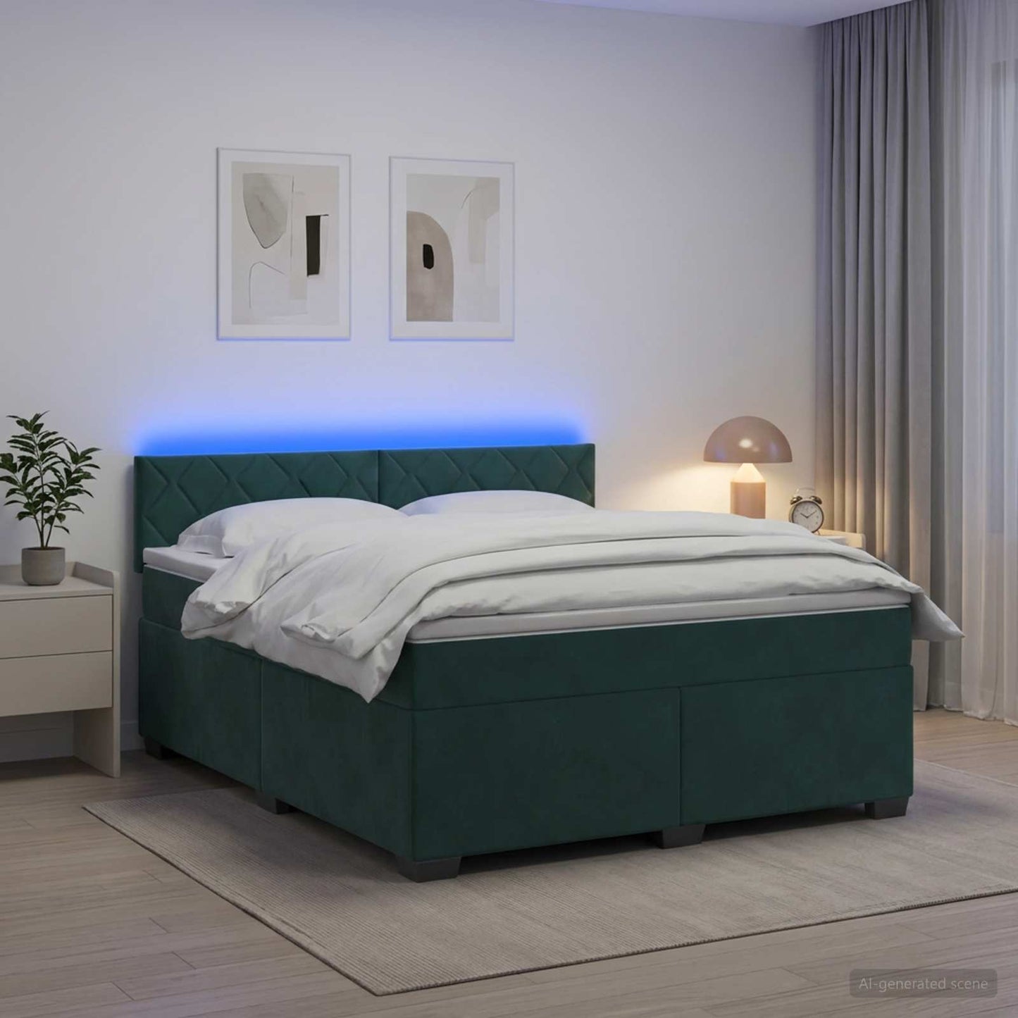 vidaXL Κρεβάτι Box Spring με Στρώμα και LED Σκούρο Πράσινο Βελούδο
