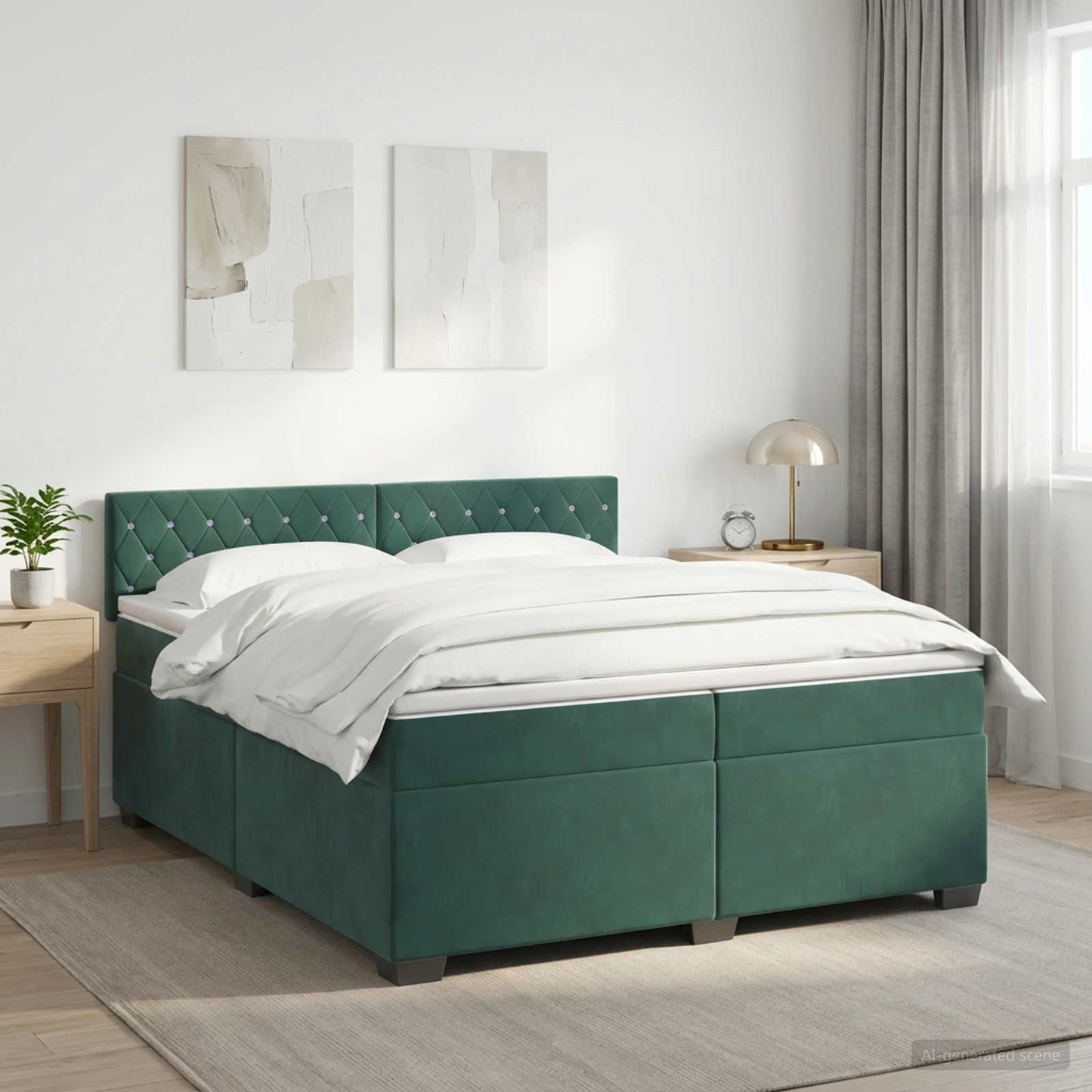 vidaXL Κρεβάτι Box Spring με Στρώμα και LED Σκούρο Πράσινο Βελούδο