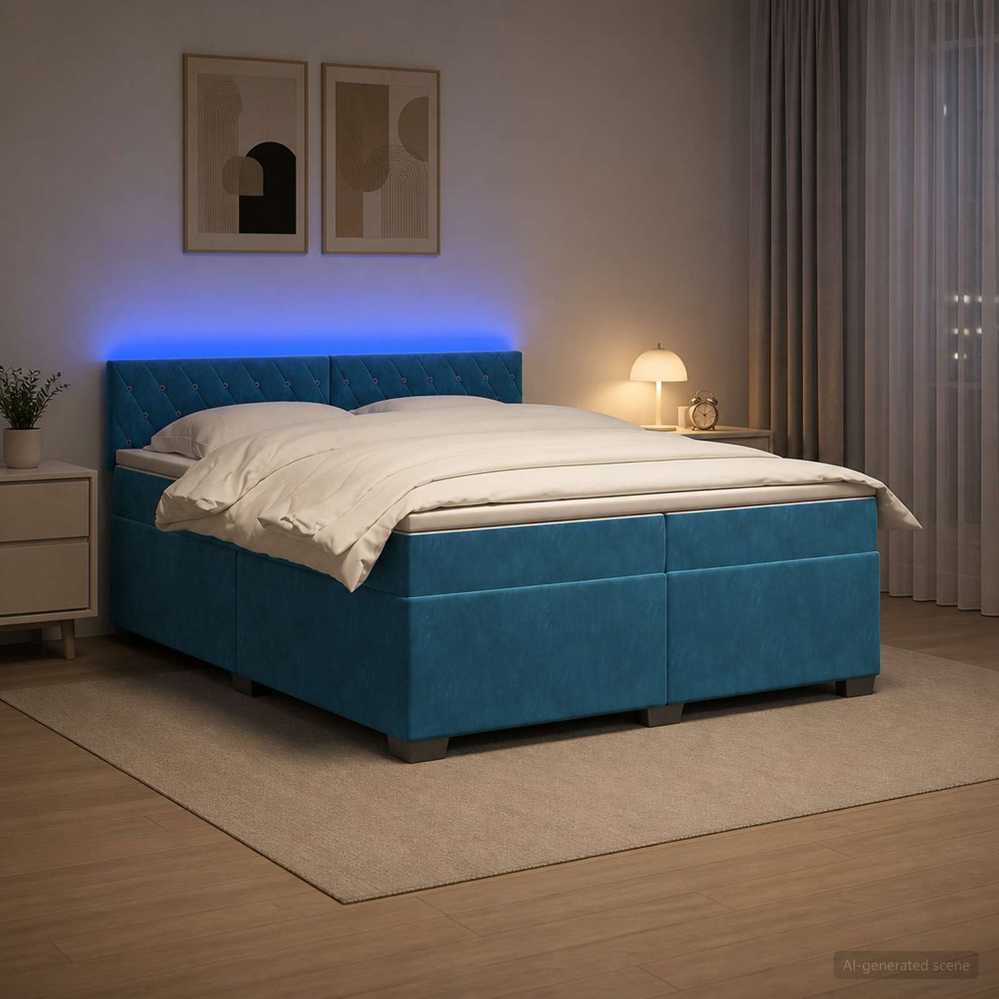 vidaXL Κρεβάτι Box Spring με Στρώμα και LED Μπλε 200 x 200 cm Βελούδο
